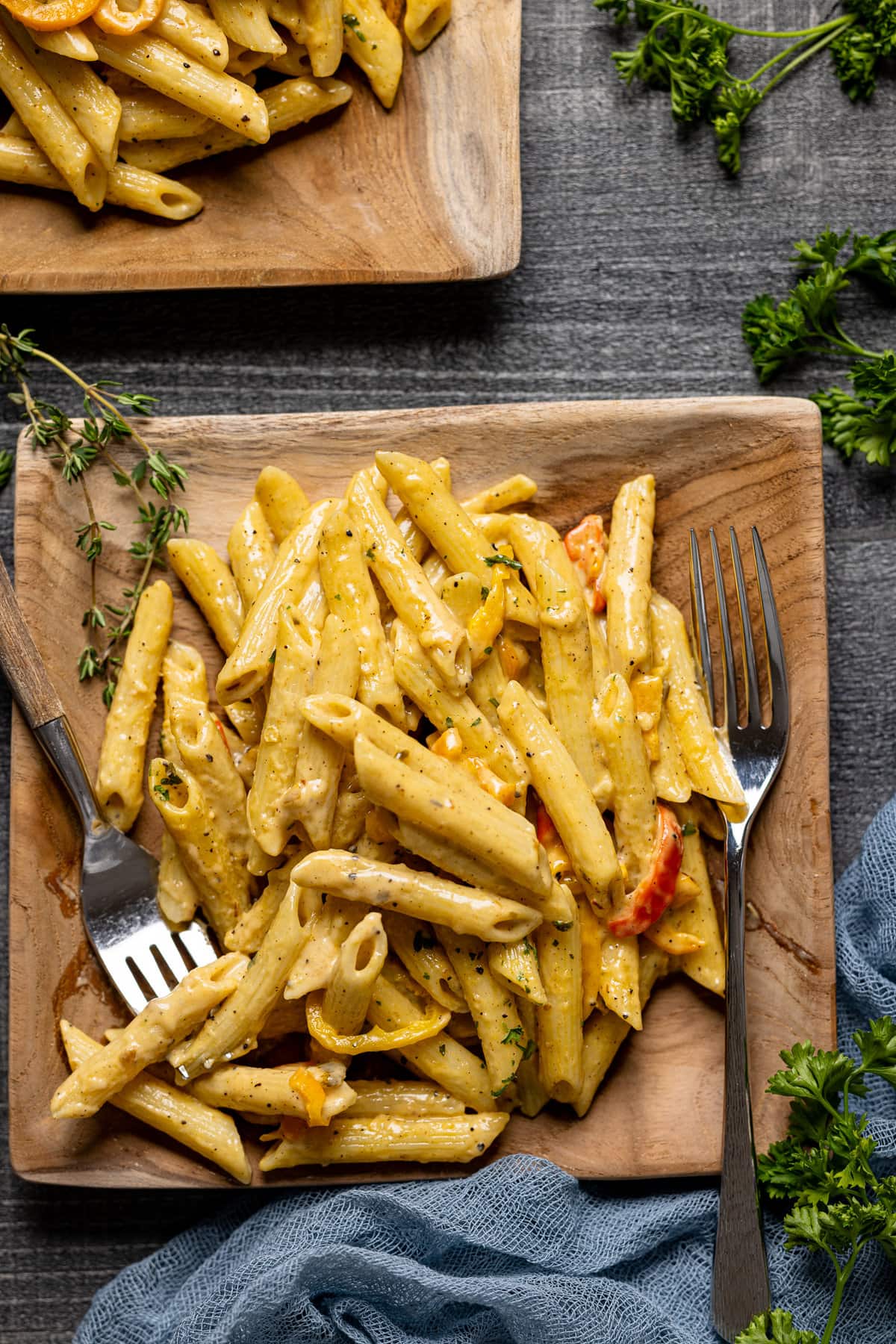 Closeup of a plate of Creamy Jamaican Rasta Pasta