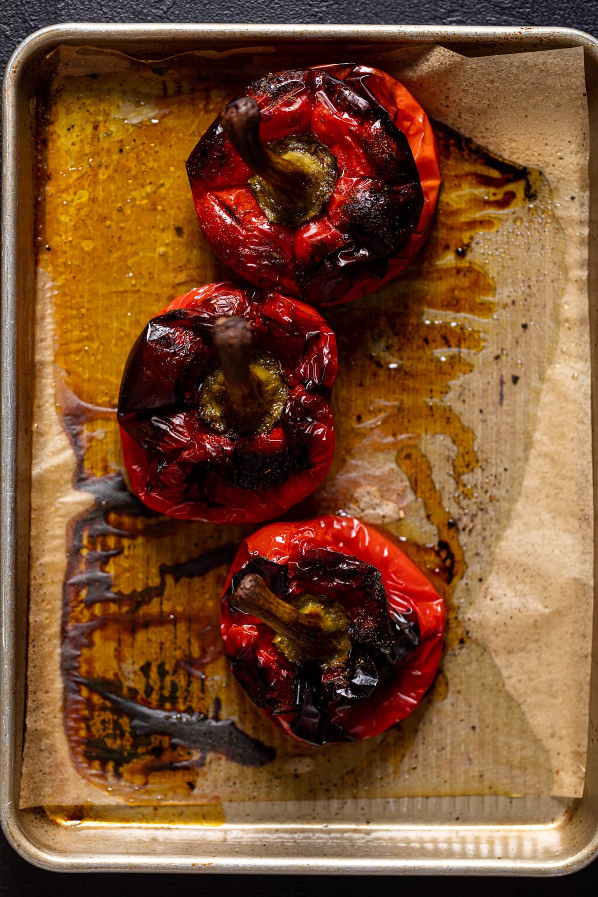 Roasted Red Peppers on a baking sheet