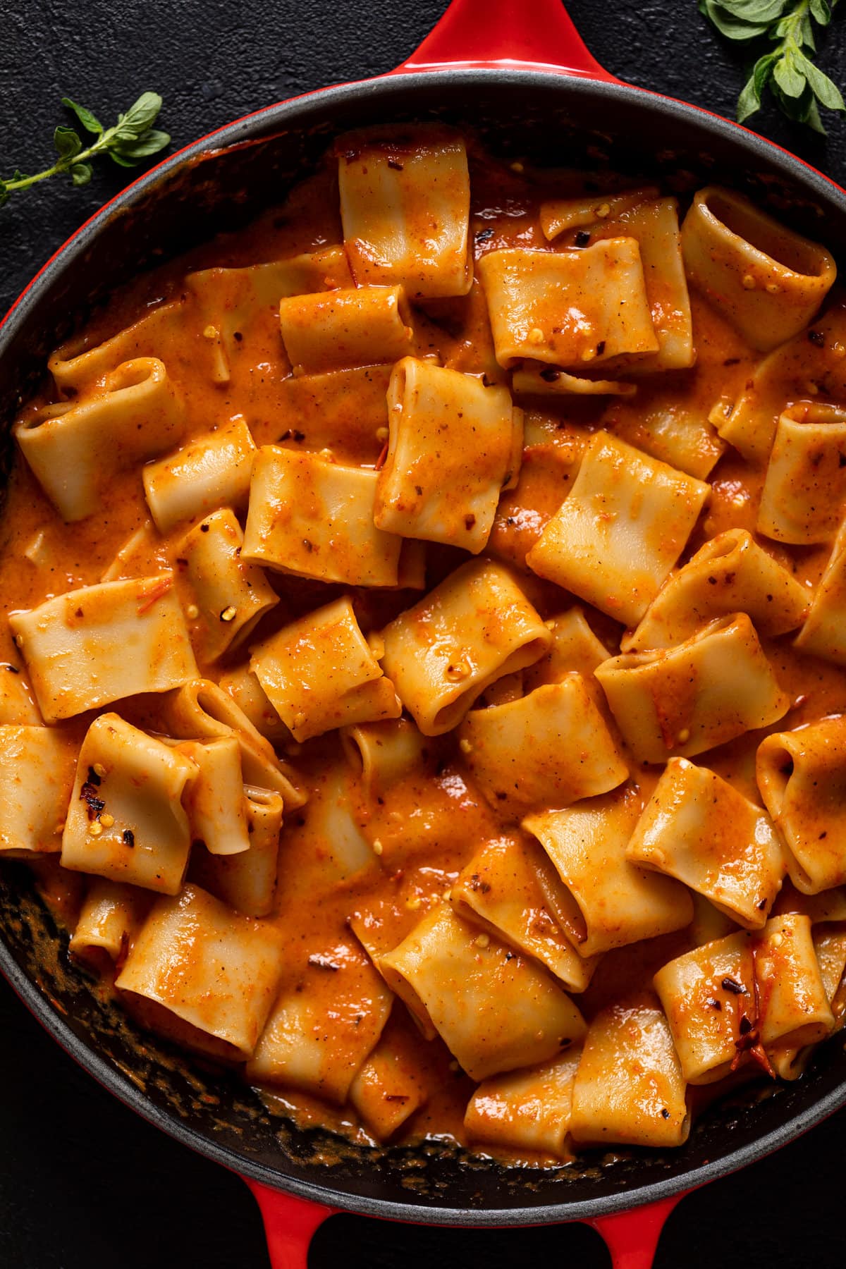 Closeup of Spicy Roasted Red Pepper Pasta