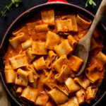 Closeup of Spicy Roasted Red Pepper Pasta in a skillet