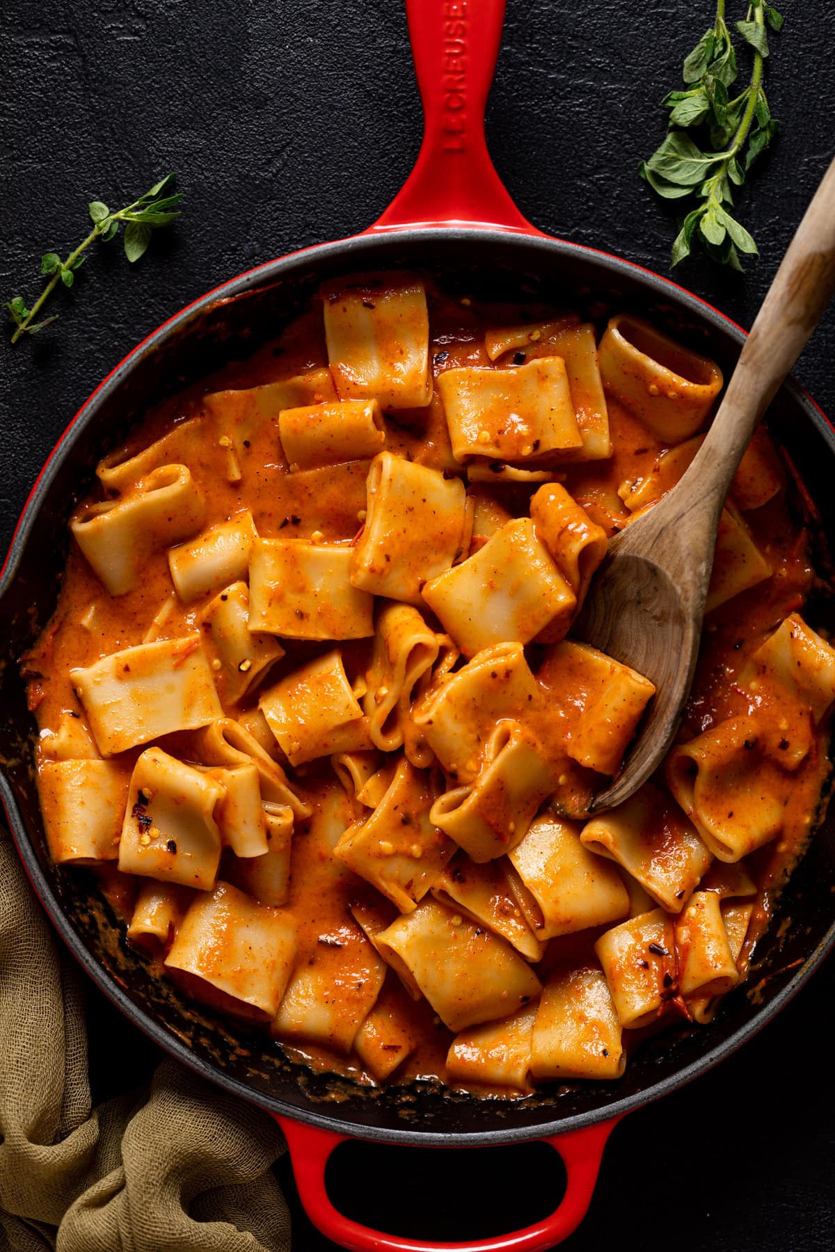 Closeup of Spicy Roasted Red Pepper Pasta in a skillet