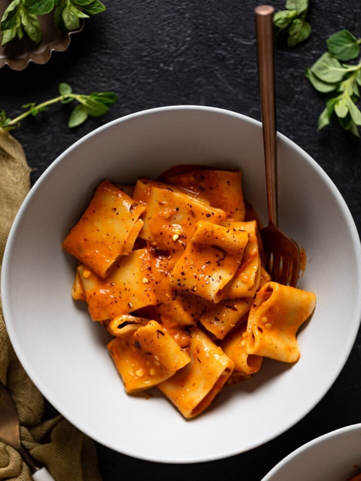 Bowl of Spicy Roasted Red Pepper Pasta