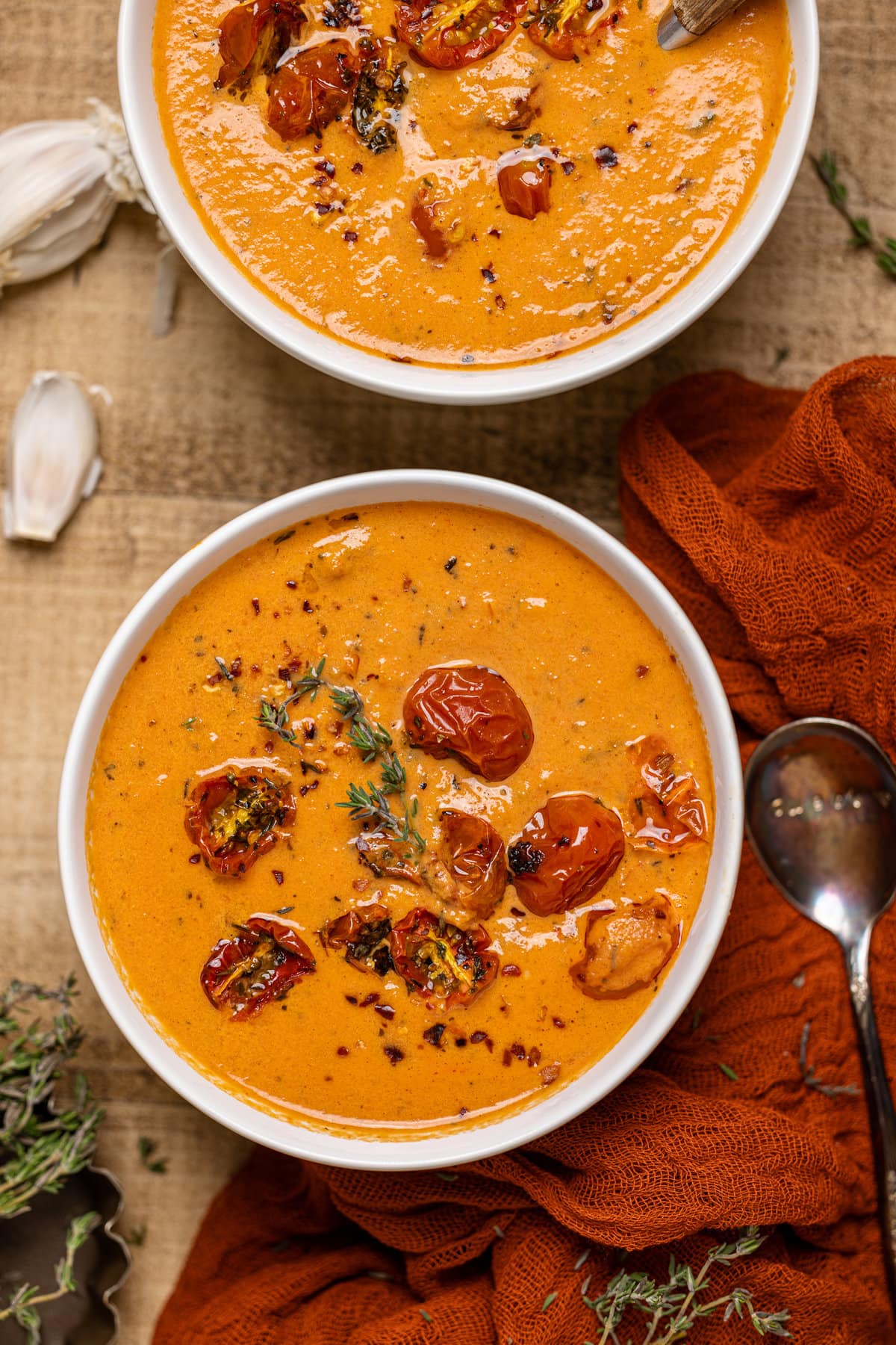 Closeup of a bowl of Creamy Roasted Garlic Tomato Soup