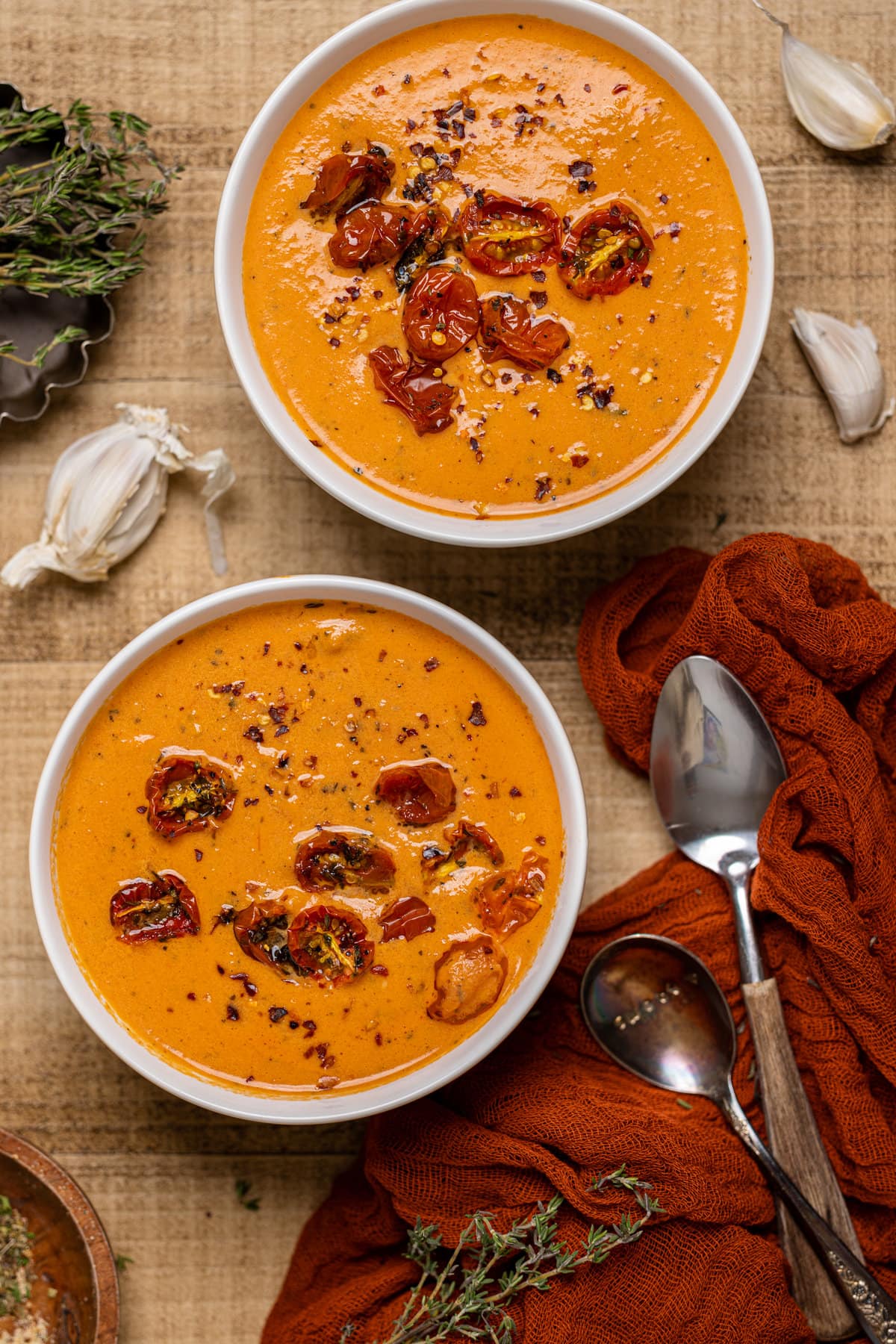 Two bowls of Creamy Roasted Garlic Tomato Soup