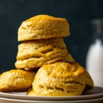 Closeup of a stack of Flaky Sweet Potato Biscuits