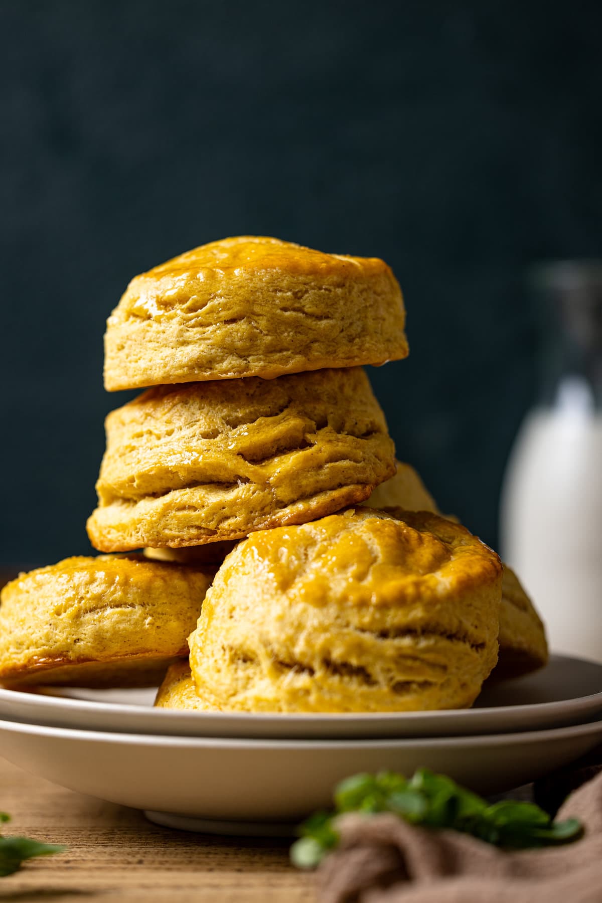 Closeup of a stack of Flaky Sweet Potato Biscuits 