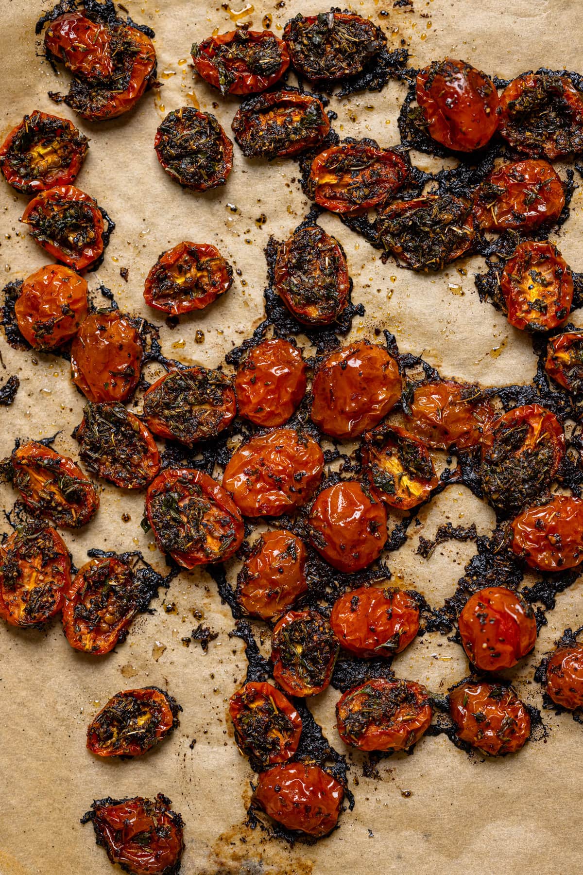 Roasted tomatoes on parchment paper