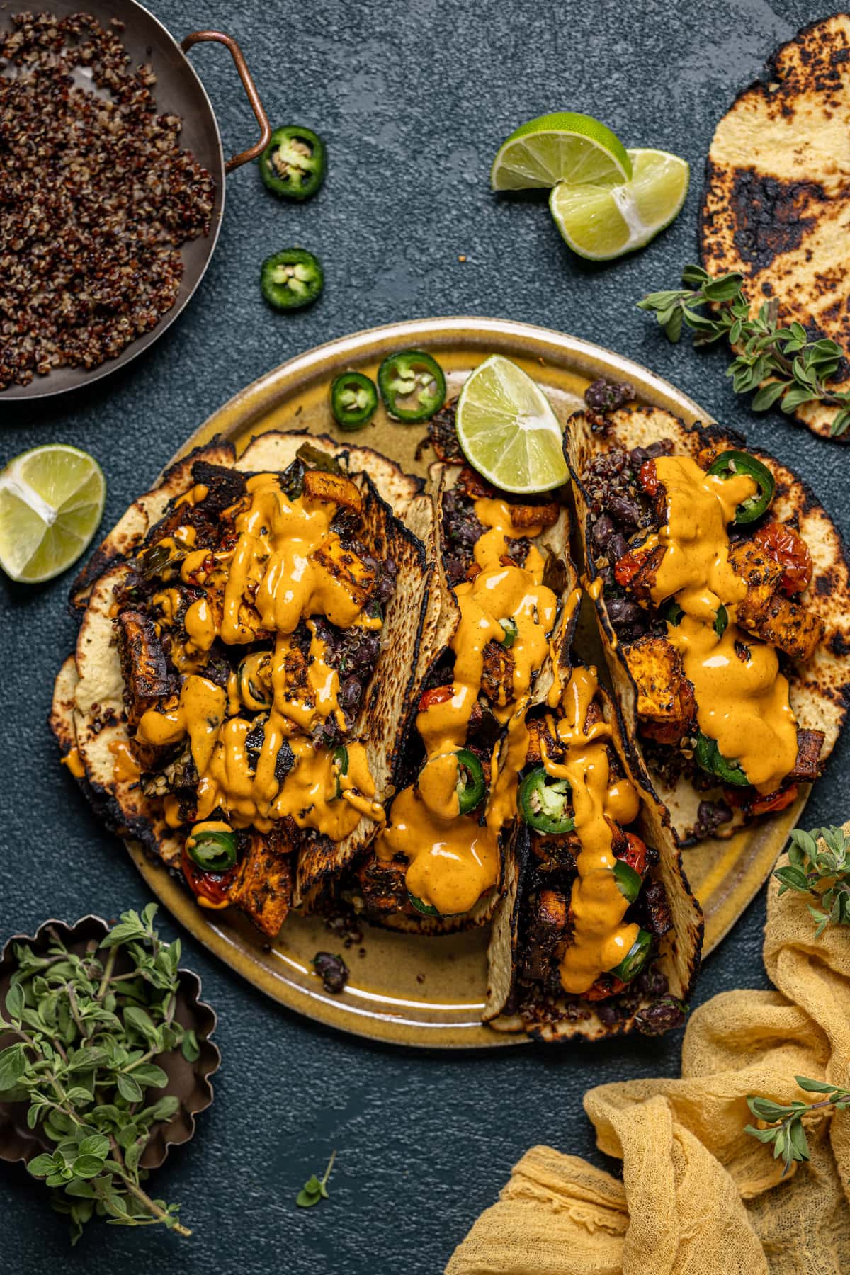 Overhead shot of a plate of Chipotle Sweet Potato Quinoa Tacos