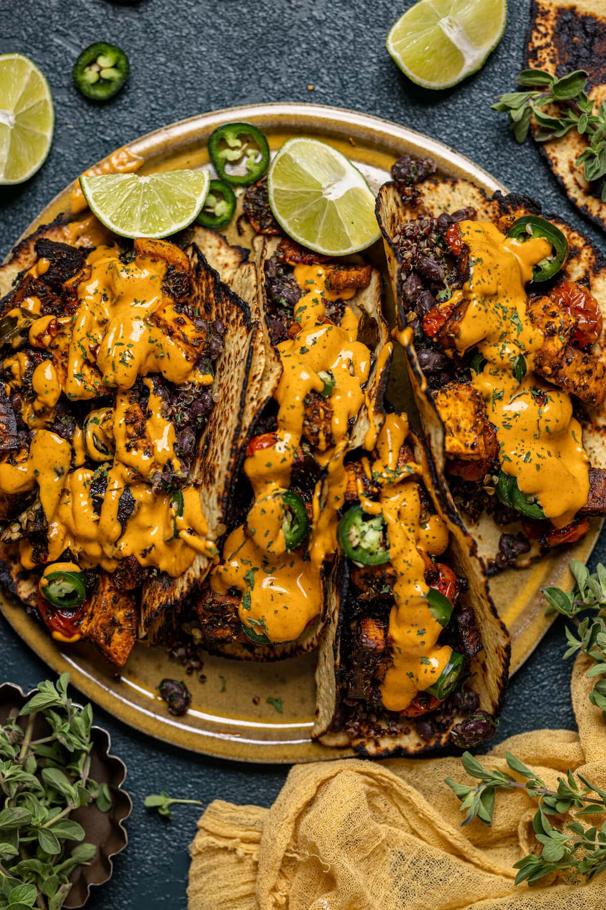 Overhead shot of a plate of Chipotle Sweet Potato Quinoa Tacos