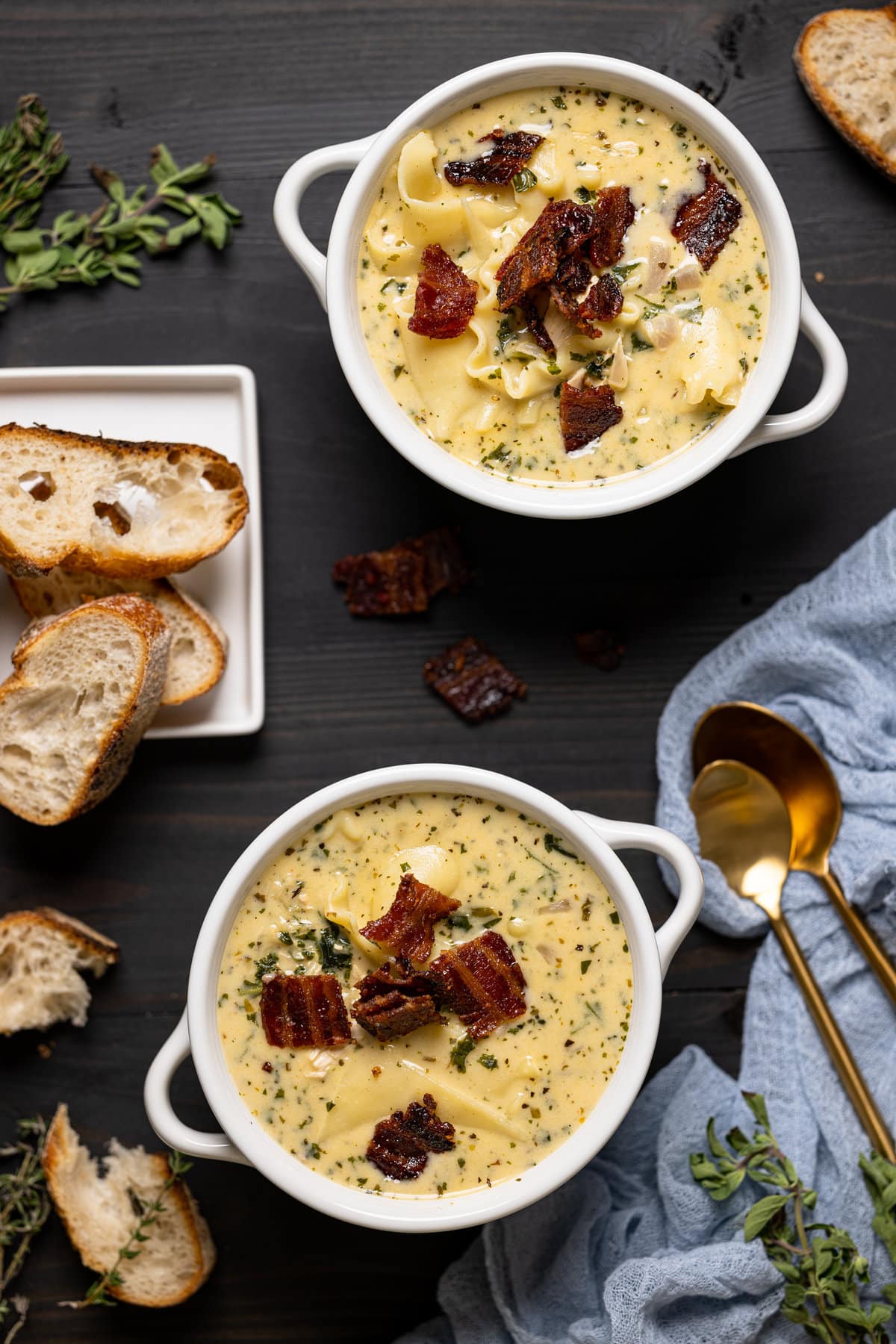 Overhead shot of two bowls of Creamy White Chicken Lasagna Soup