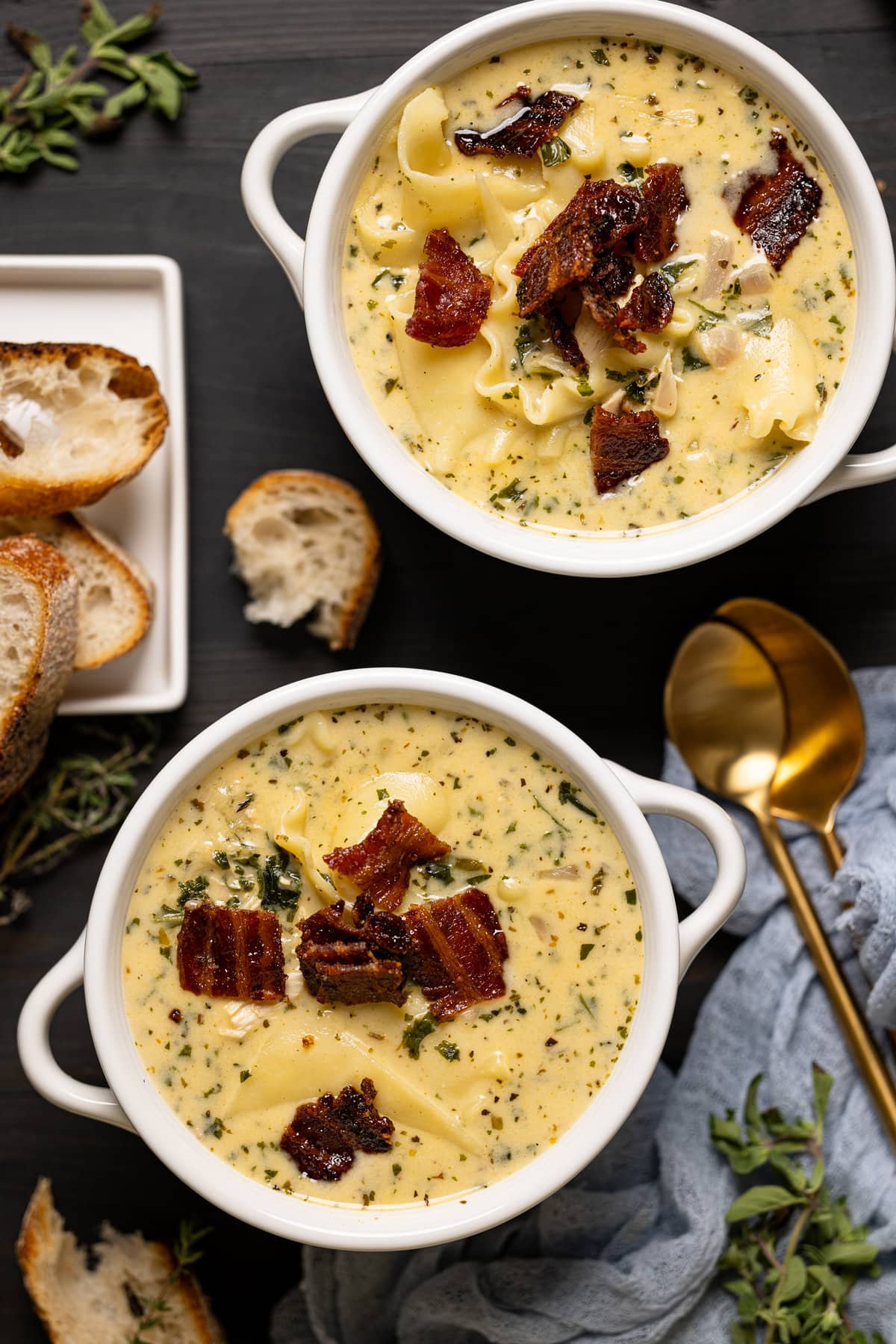 Two bowls of Creamy White Chicken Lasagna Soup