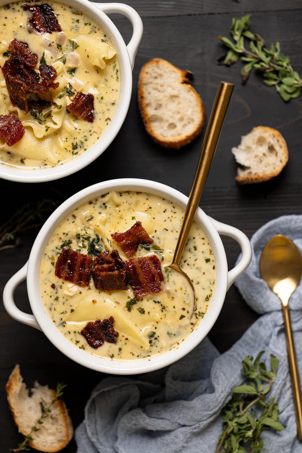 Closeup of a bowl of Creamy White Chicken Lasagna Soup