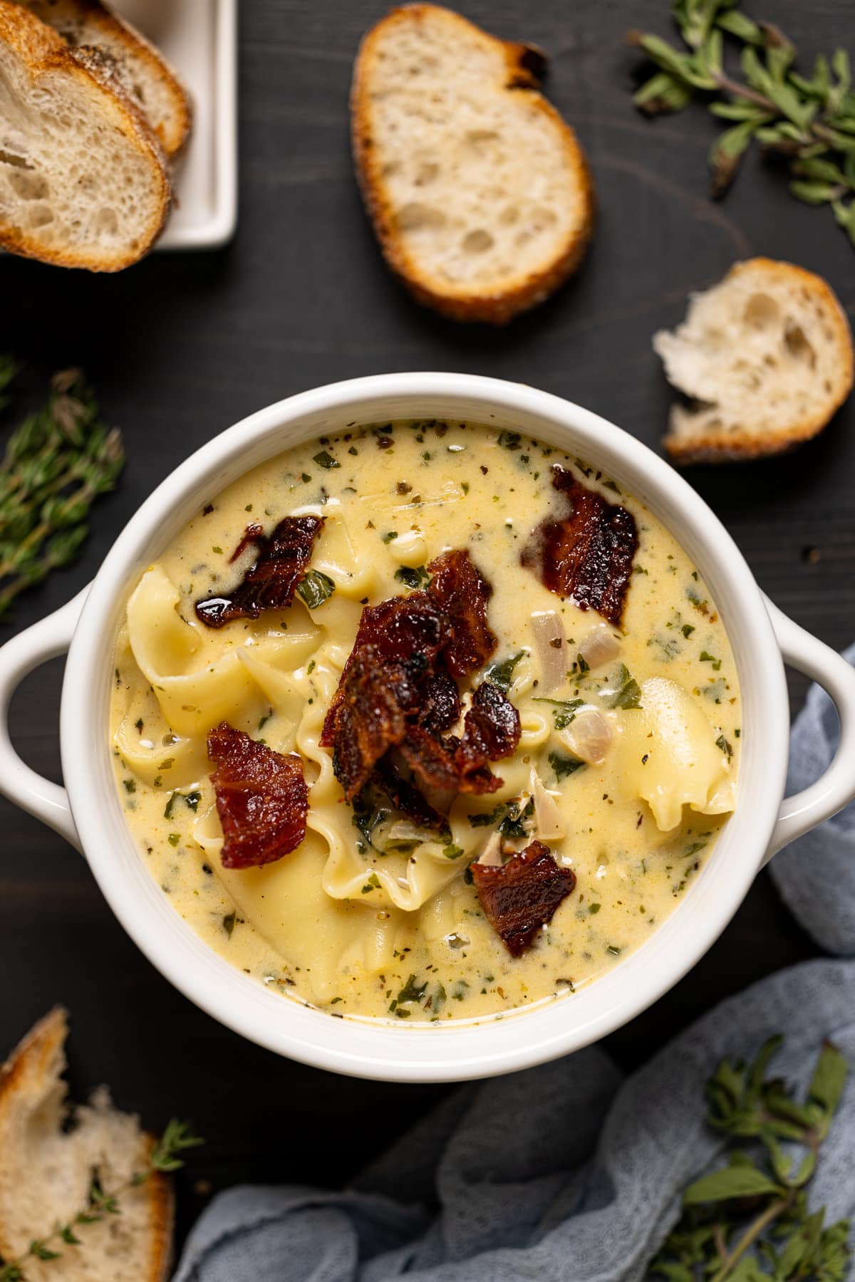 Closeup of a bowl of Creamy White Chicken Lasagna Soup