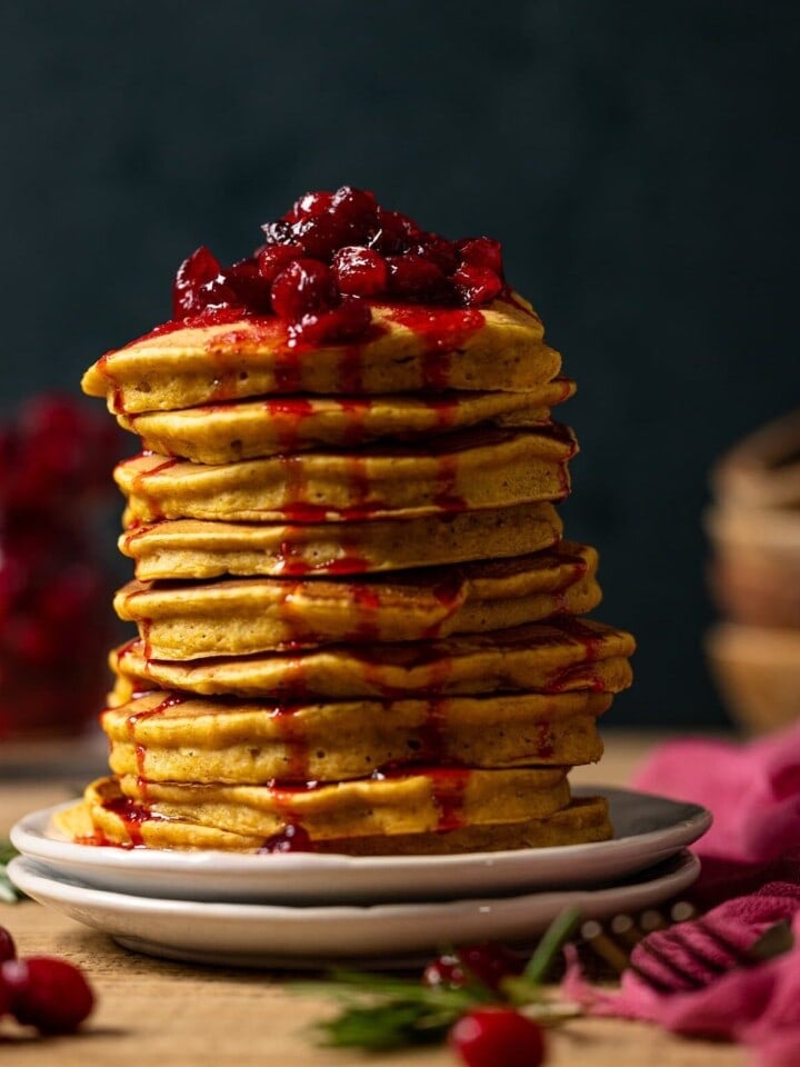 Large stack of Apple Cider Pumpkin Pancakes with Cranberries