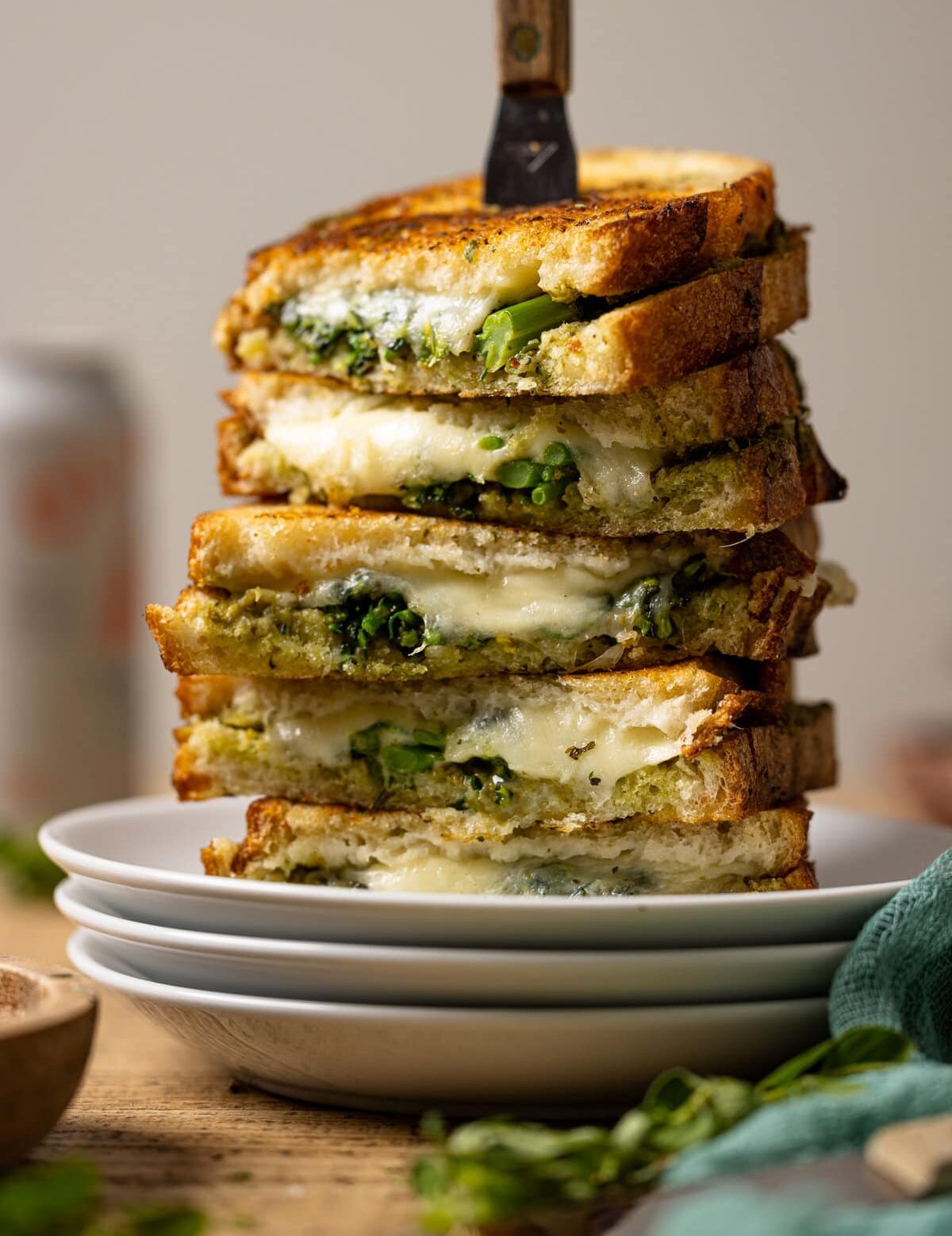 Closeup of a stack of Broccoli Pesto Grilled Cheese sandwiches