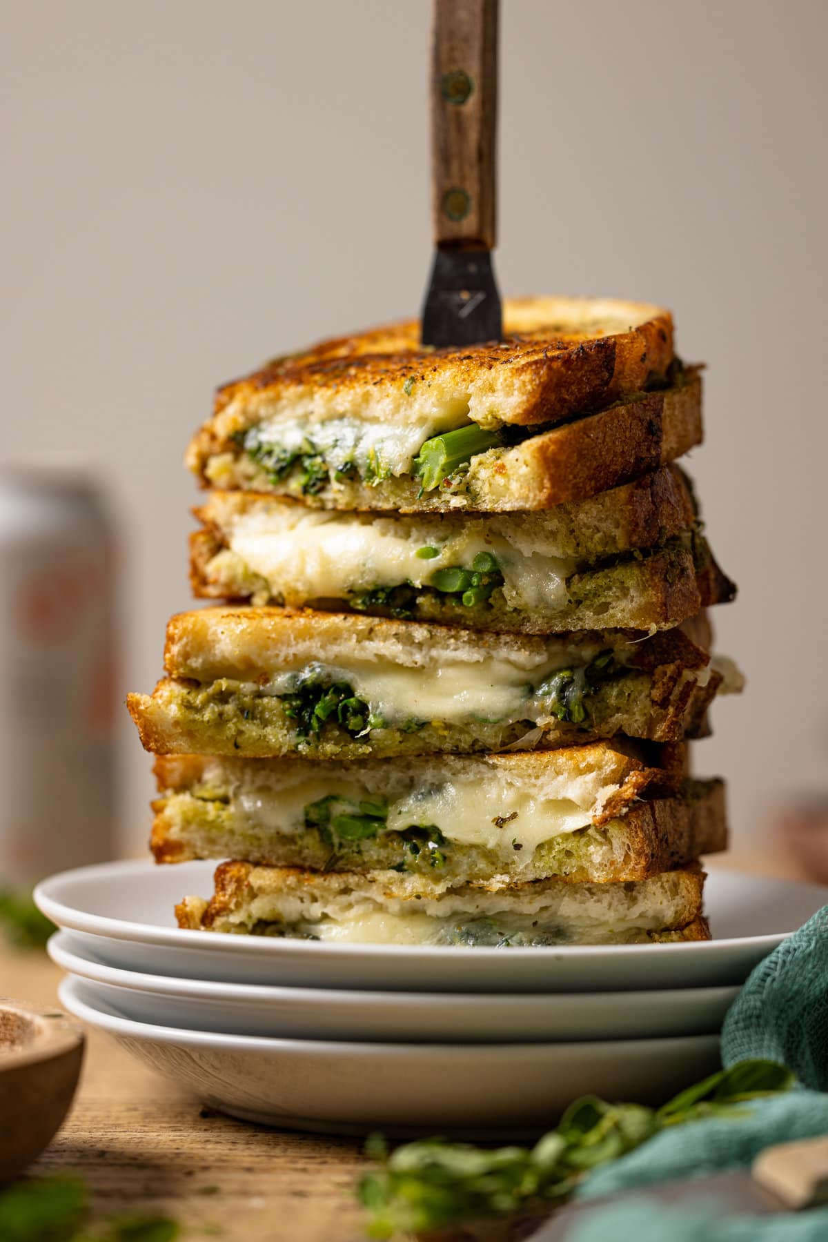 Closeup of a stack of Broccoli Pesto Grilled Cheese sandwiches