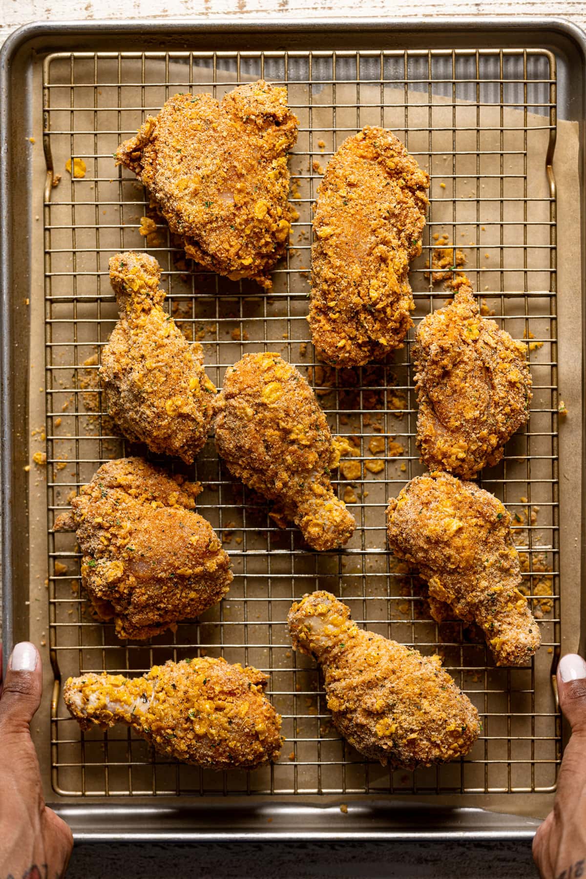 Breaded chicken on a wire rack