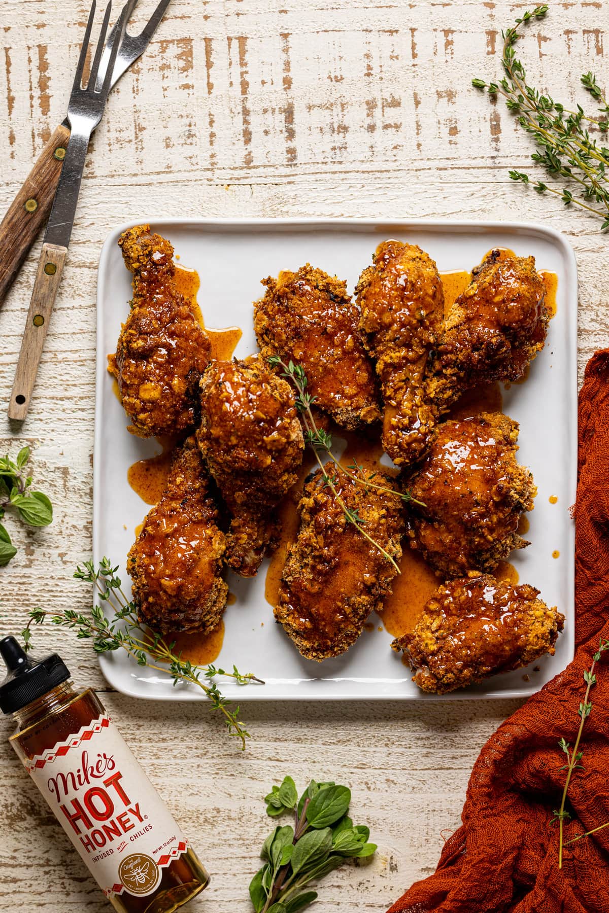 Overhead shot of a plate of Hot Honey Fried Chicken