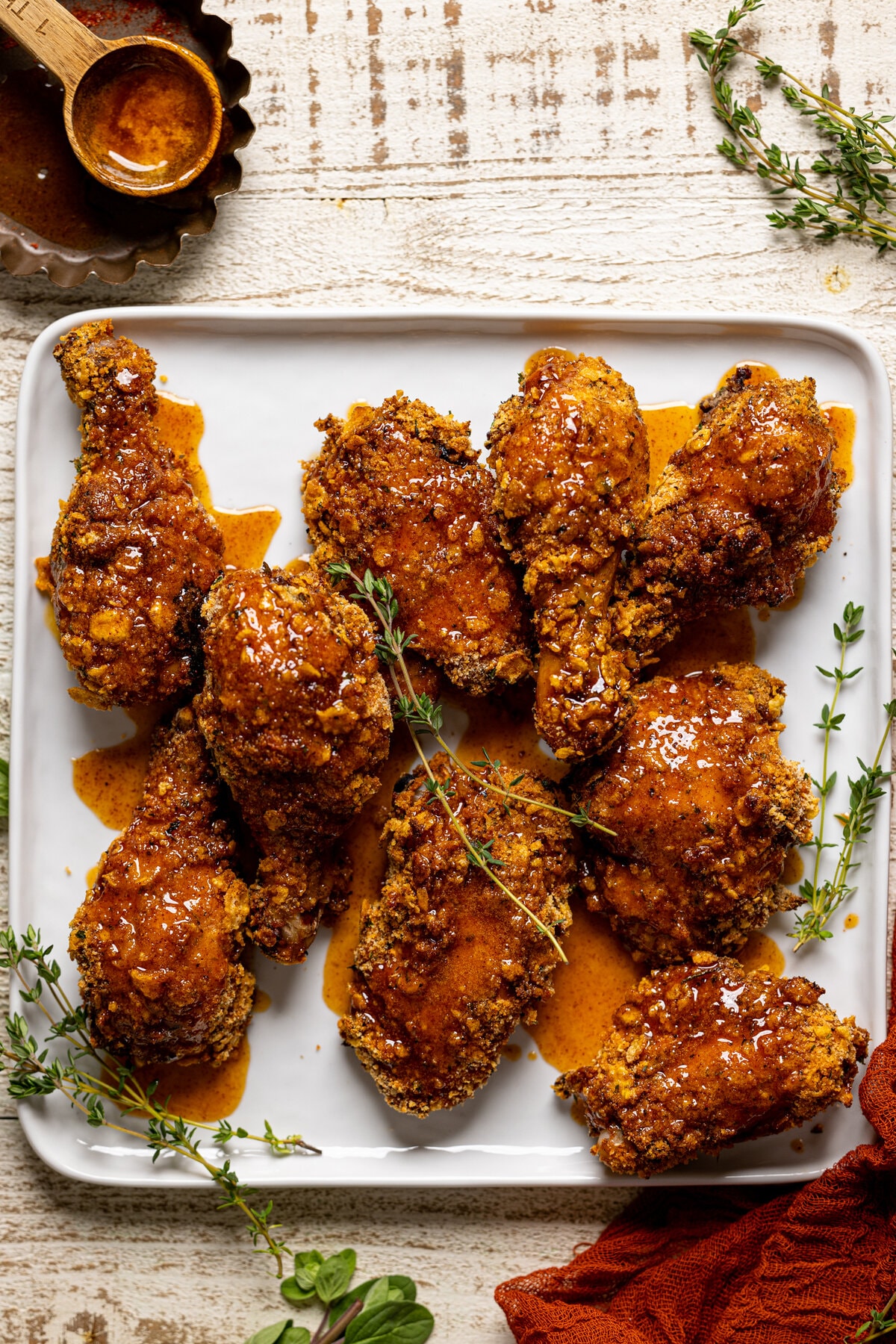 Overhead shot of a plate of Hot Honey Fried Chicken