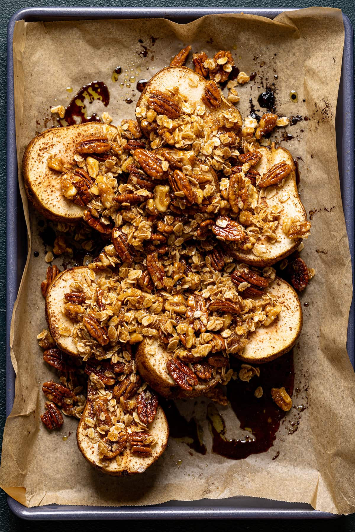 Raw Maple Roasted Pear Crisp on a sheet pan