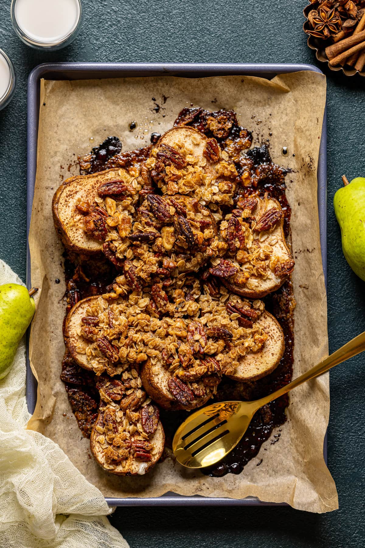 Cooked Maple Roasted Pear Crisp on a sheet pan