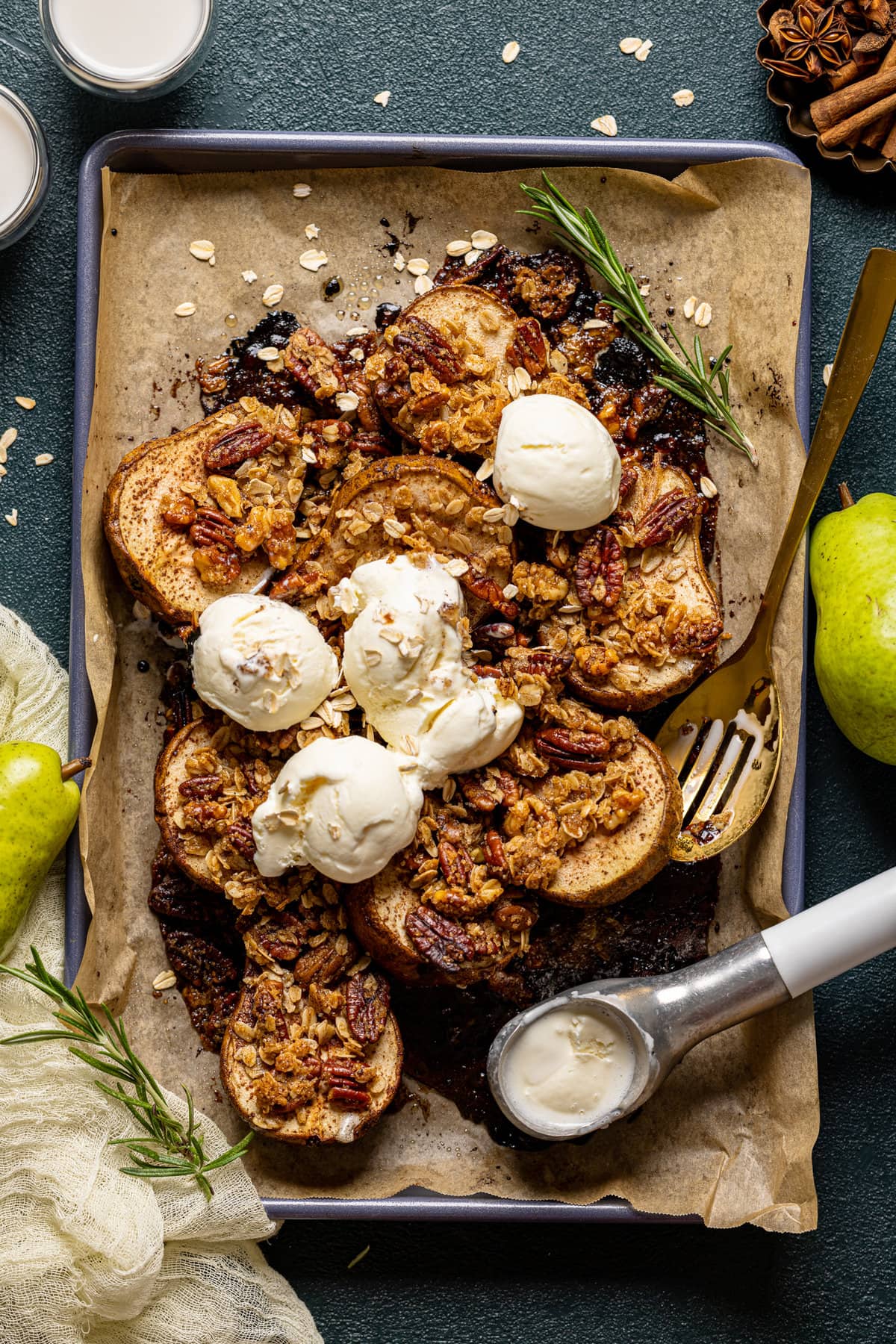 Overhead shot of Maple Roasted Pear Crisp on a sheet pan