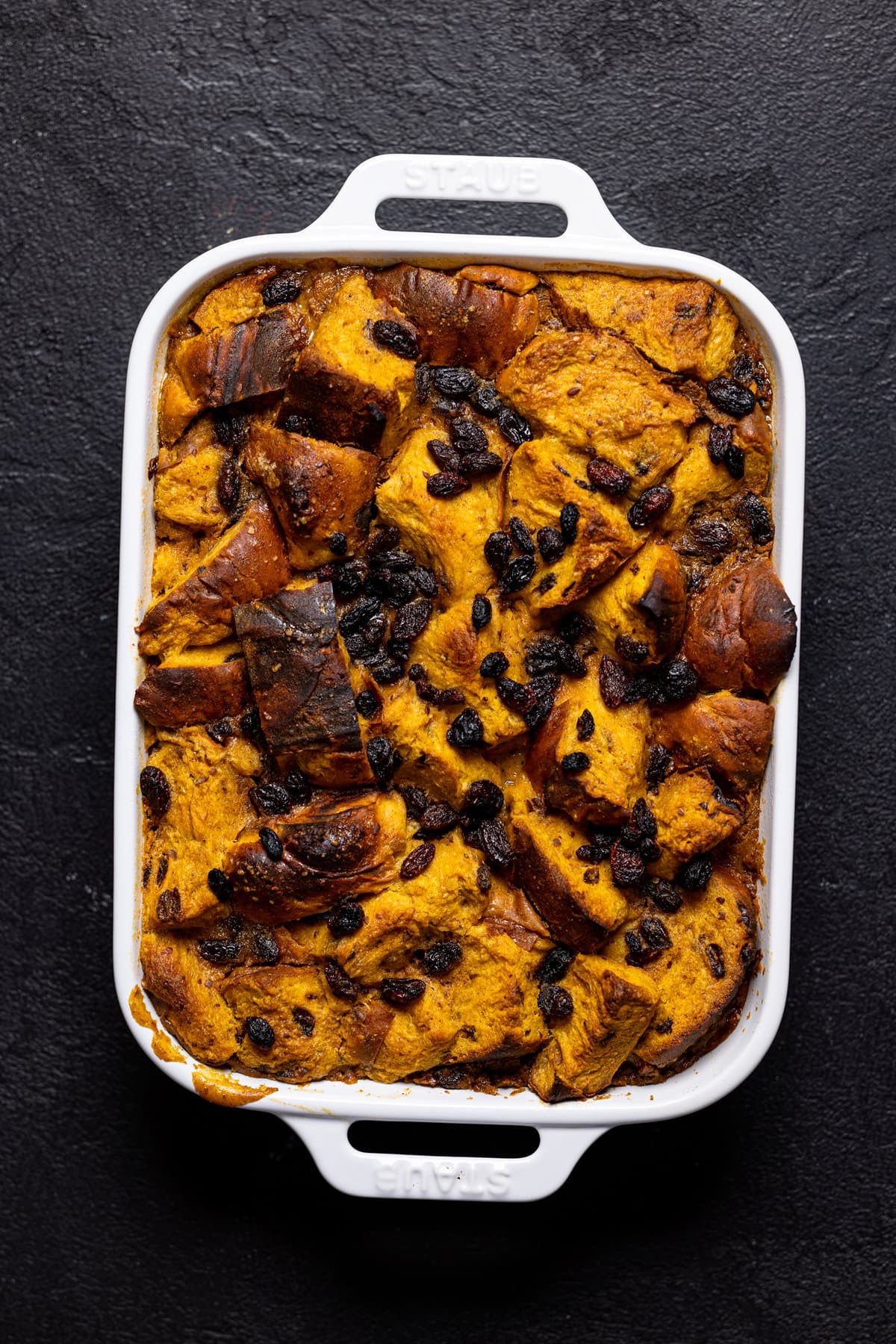 Pan of baked Vegan Sweet Potato Bread Pudding