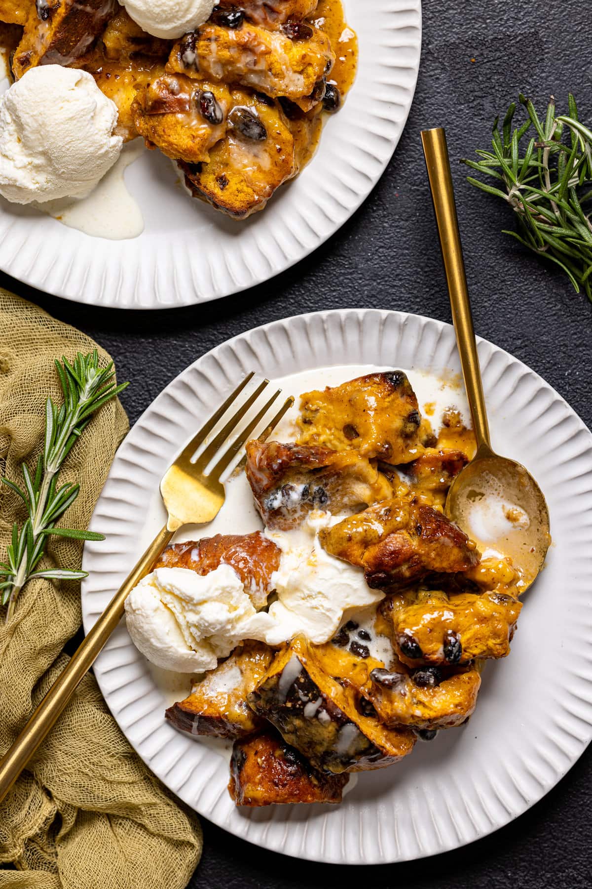 Closeup of Deconstructed Vegan Sweet Potato Bread Pudding with scoops of dairy-free ice cream