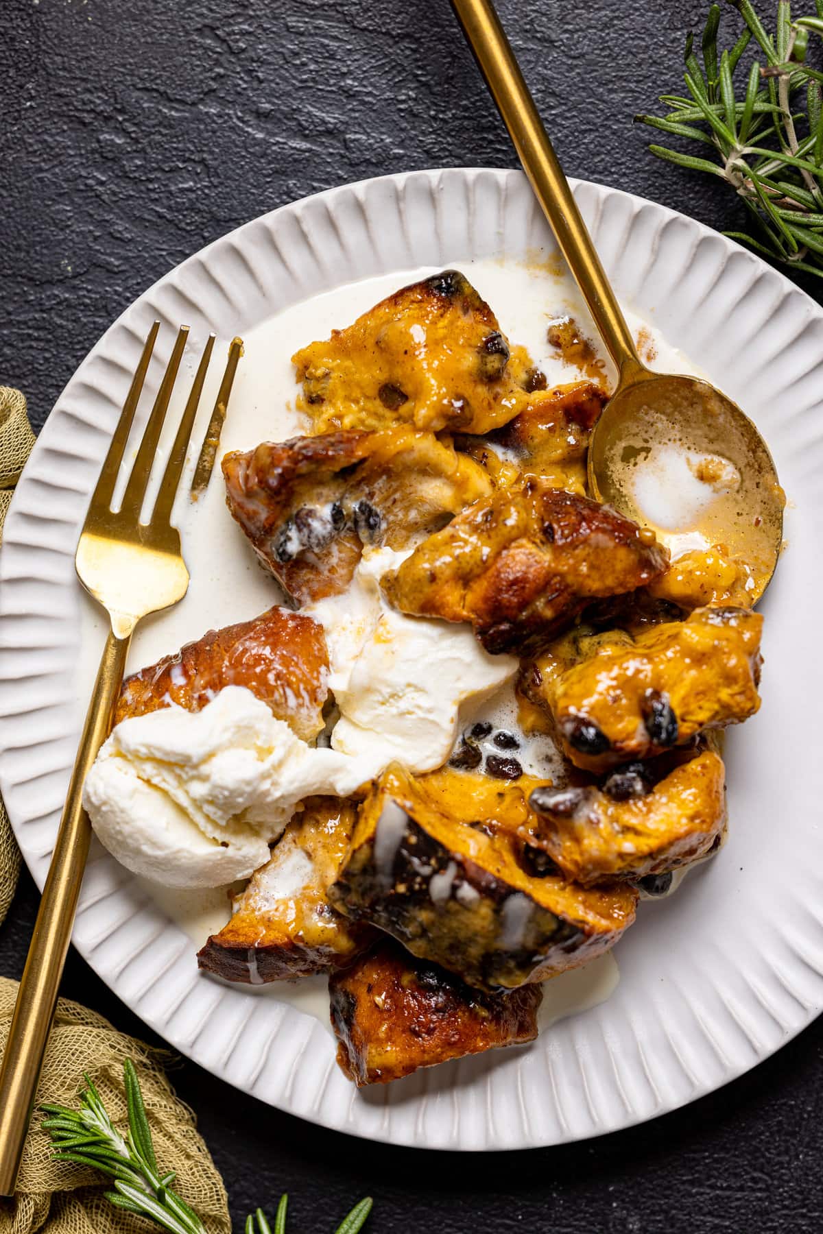 Closeup of Deconstructed Vegan Sweet Potato Bread Pudding