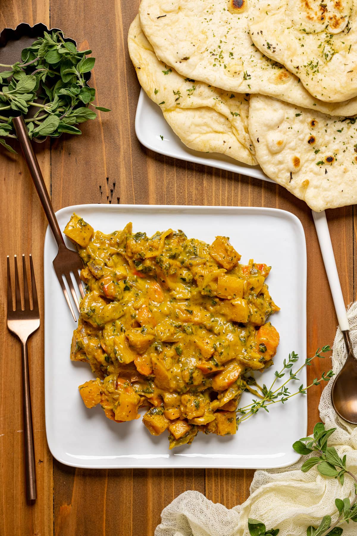 Overhead shot of a plate of Vegan Pumpkin Curry Butternut Squash