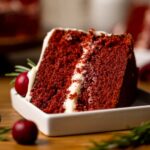 Slice of Red Velvet Cake with Cream Cheese Frosting on its side
