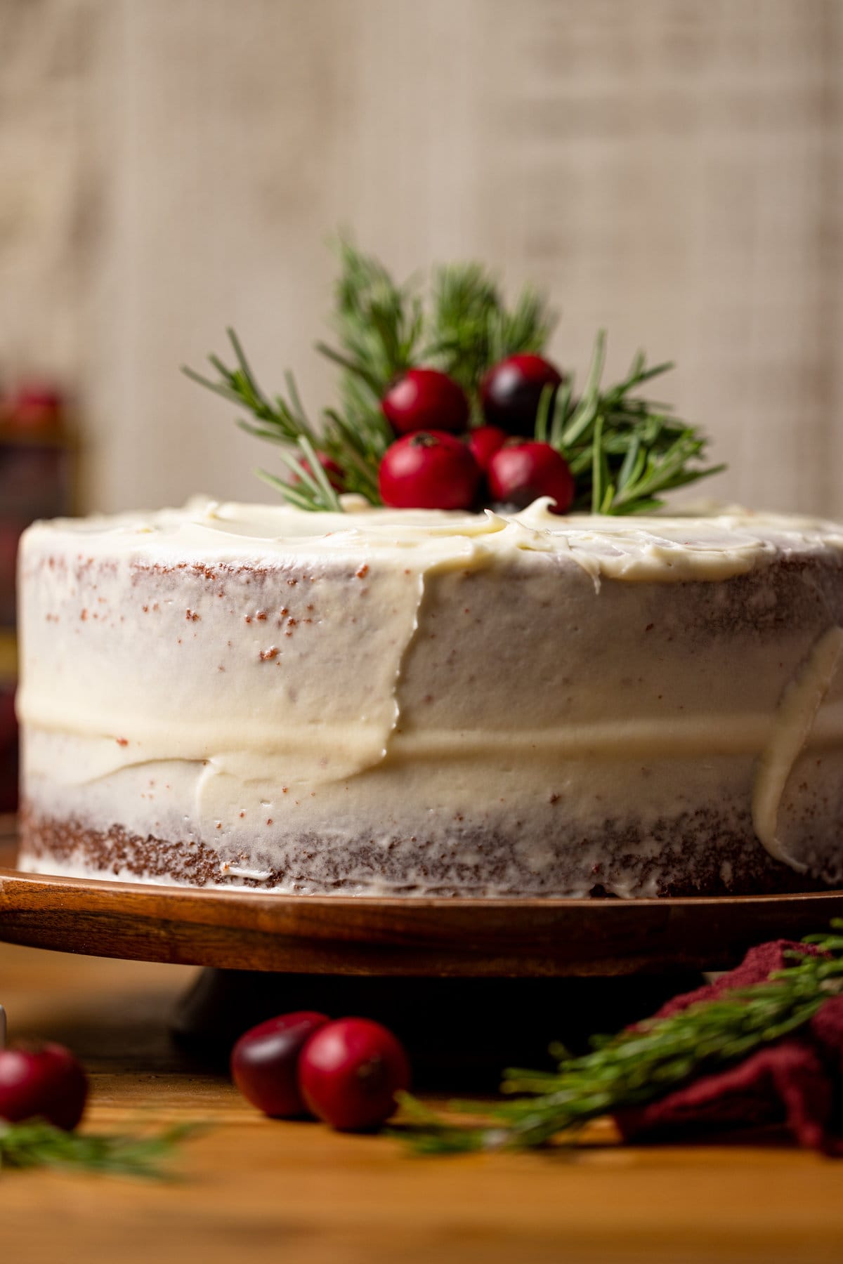 Closeup of Red Velvet Cake with Cream Cheese Frosting