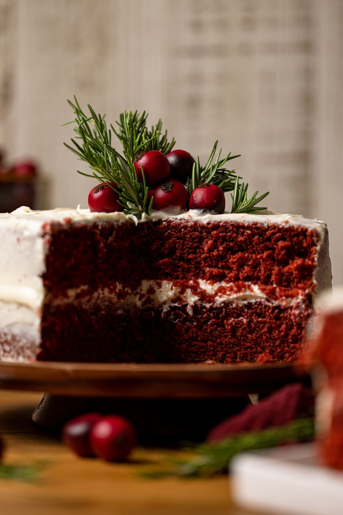 Red Velvet Cake with Cream Cheese Frosting missing a slice