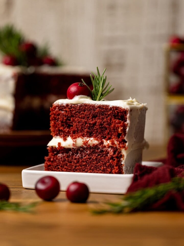 Slice of Red Velvet Cake with Cream Cheese Frosting