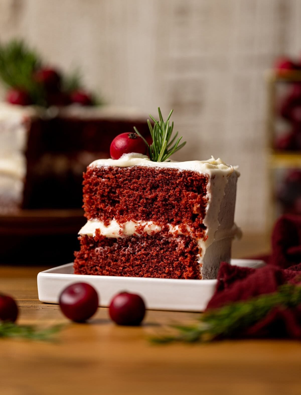 Slice of Red Velvet Cake with Cream Cheese Frosting