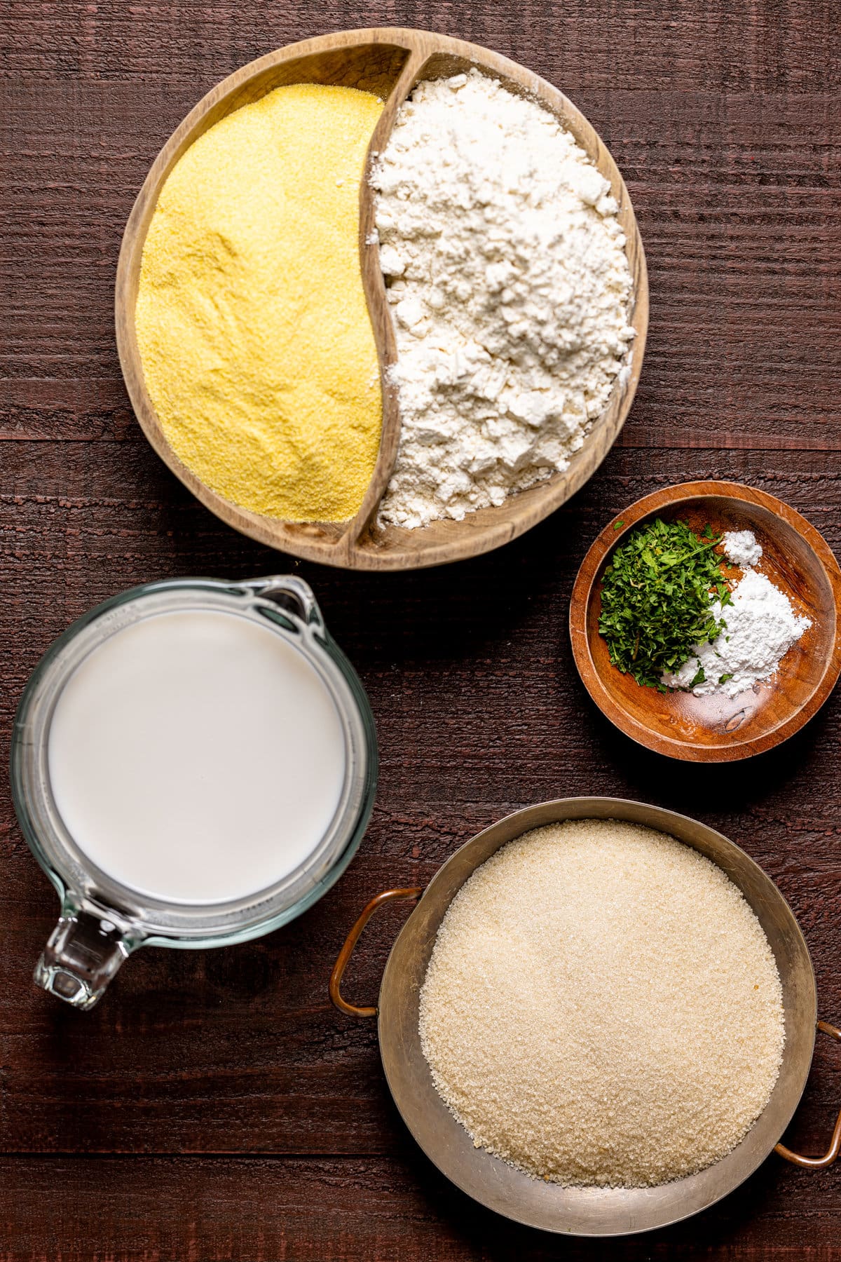 Ingredients for Vegan Sweet Cornbread including flour, yellow cornmeal, and sugar