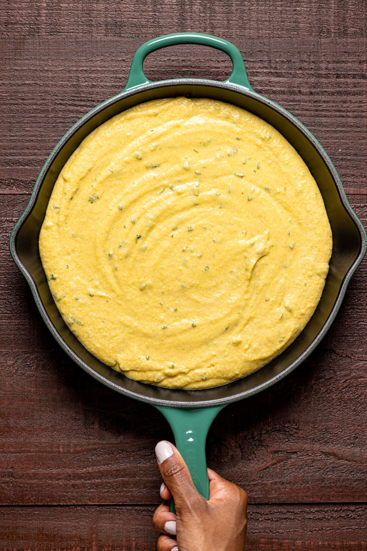 Vegan Sweet Cornbread batter in a skillet