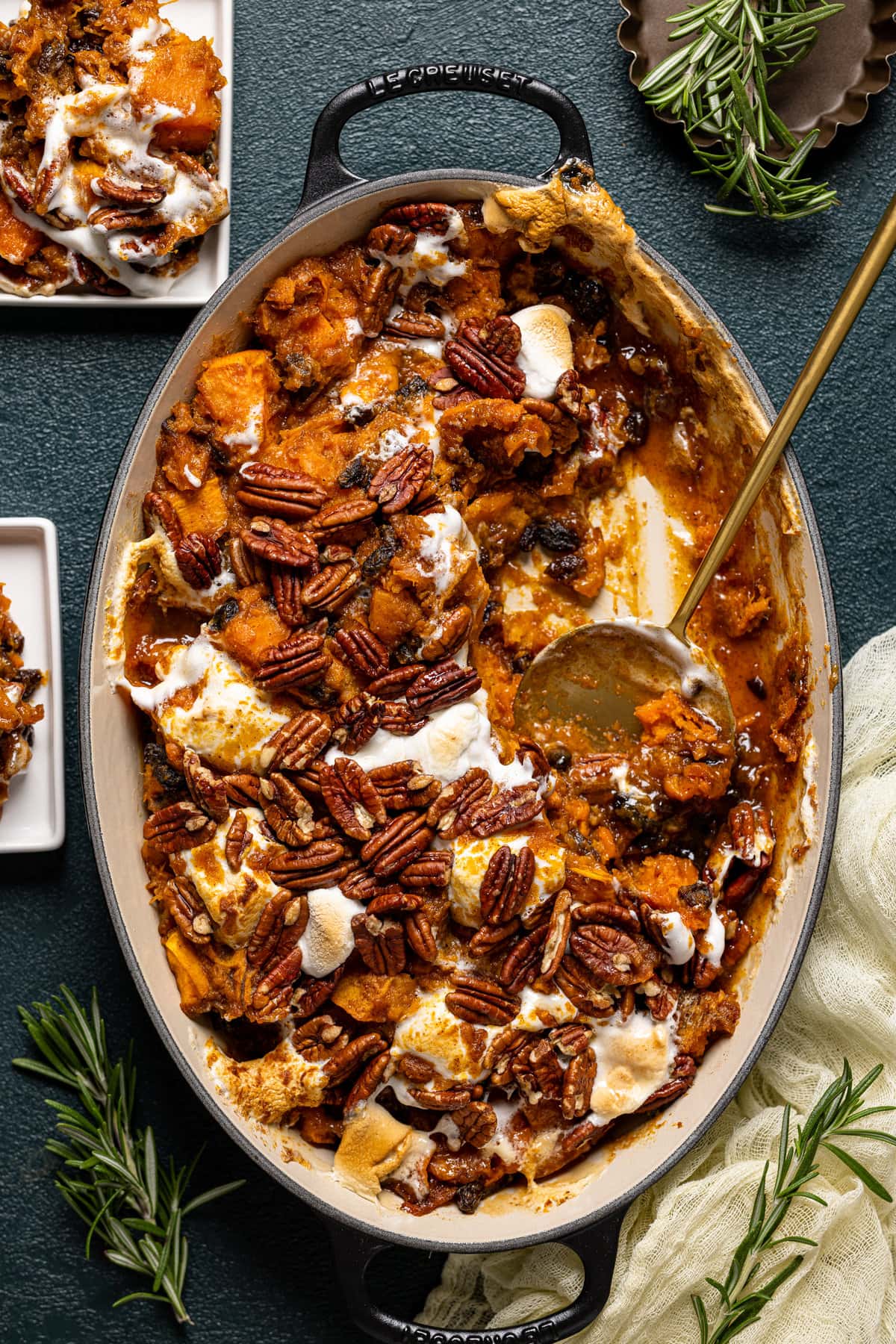 Overhead shot of a baking pan of Maple Sweet Potato Casserole