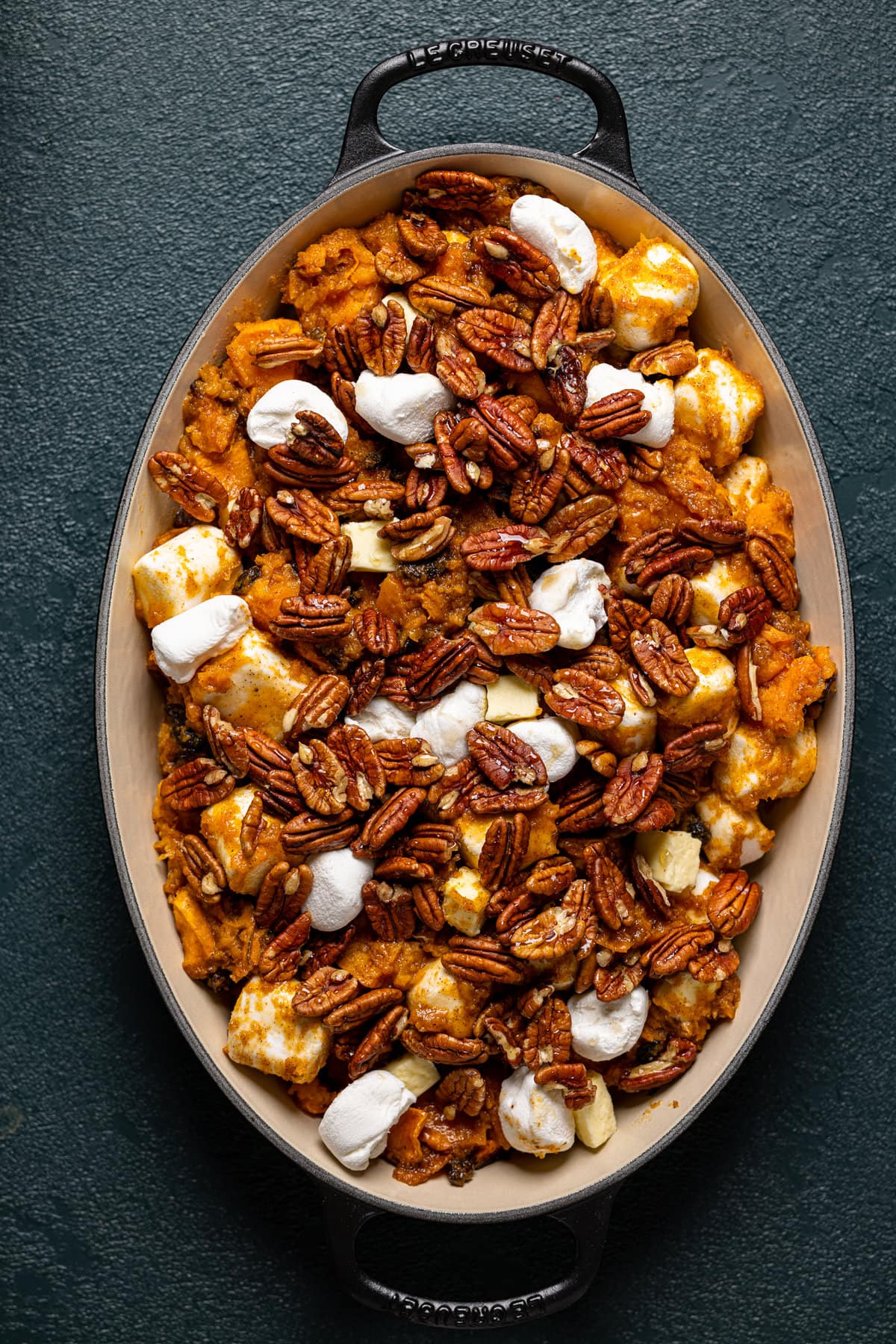 Baking pan of uncooked Maple Sweet Potato Casserole