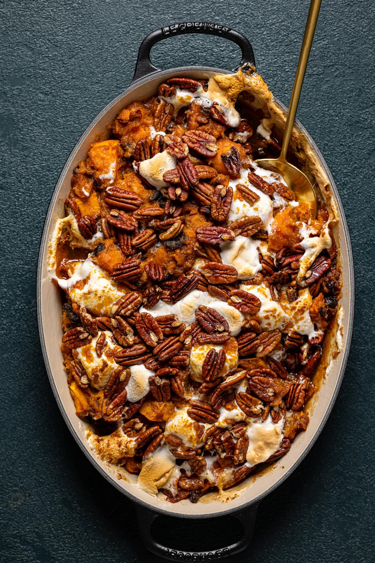 Baking pan of cooked Maple Sweet Potato Casserole