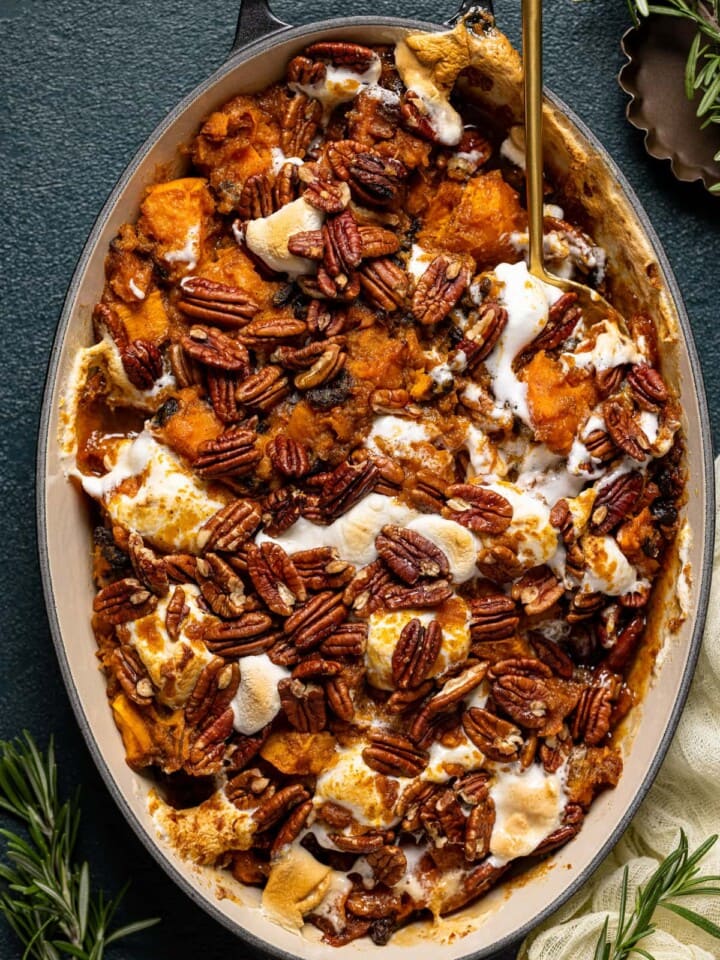 Closeup of a pan of Southern Maple Sweet Potato Casserole