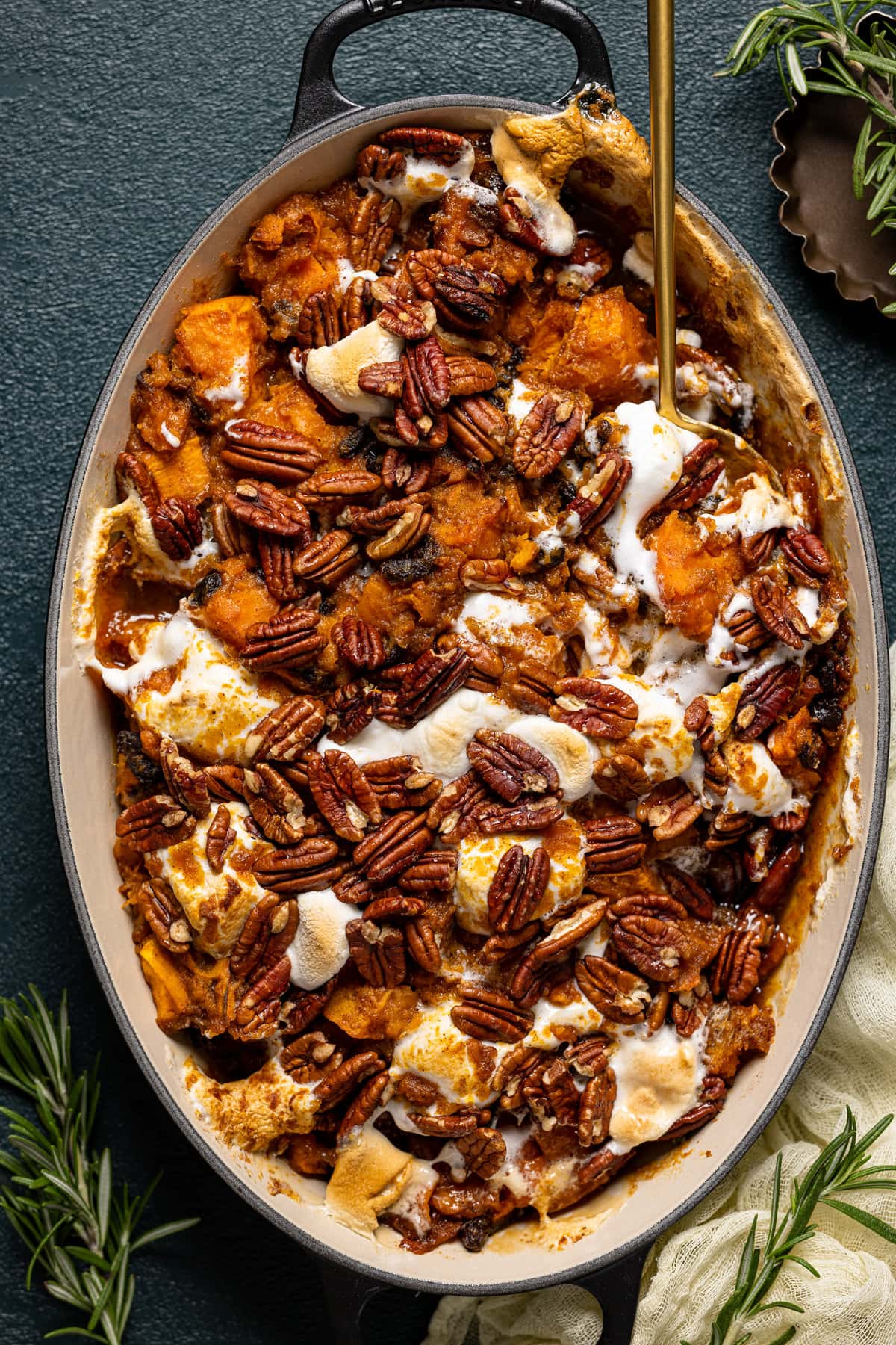 Closeup of a pan of Southern Maple Sweet Potato Casserole