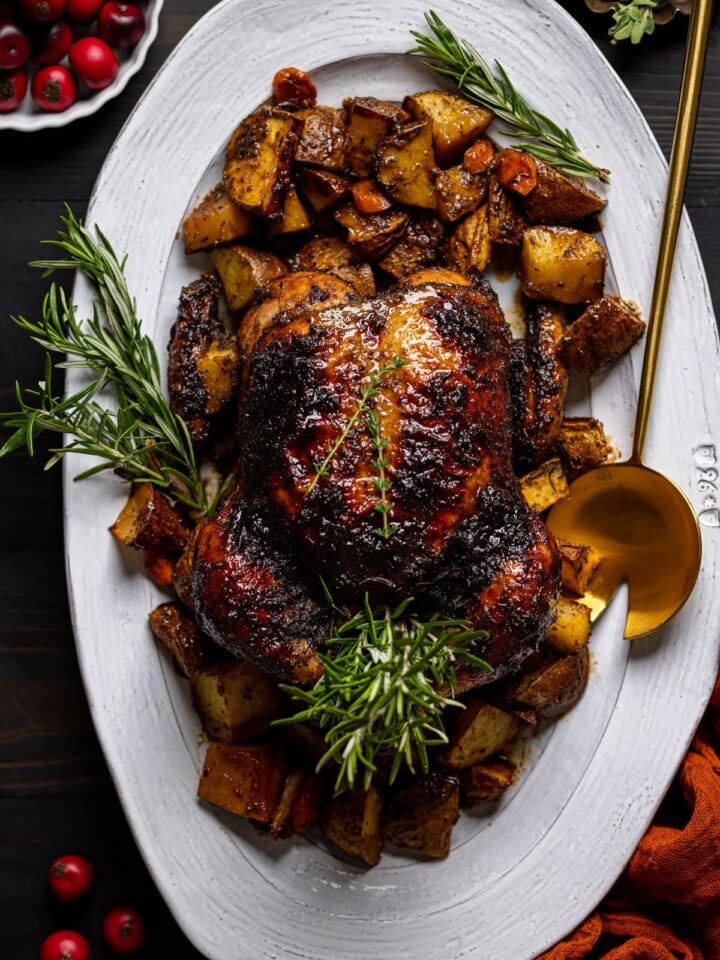 Overhead shot of a Jerk Whole Roast Chicken