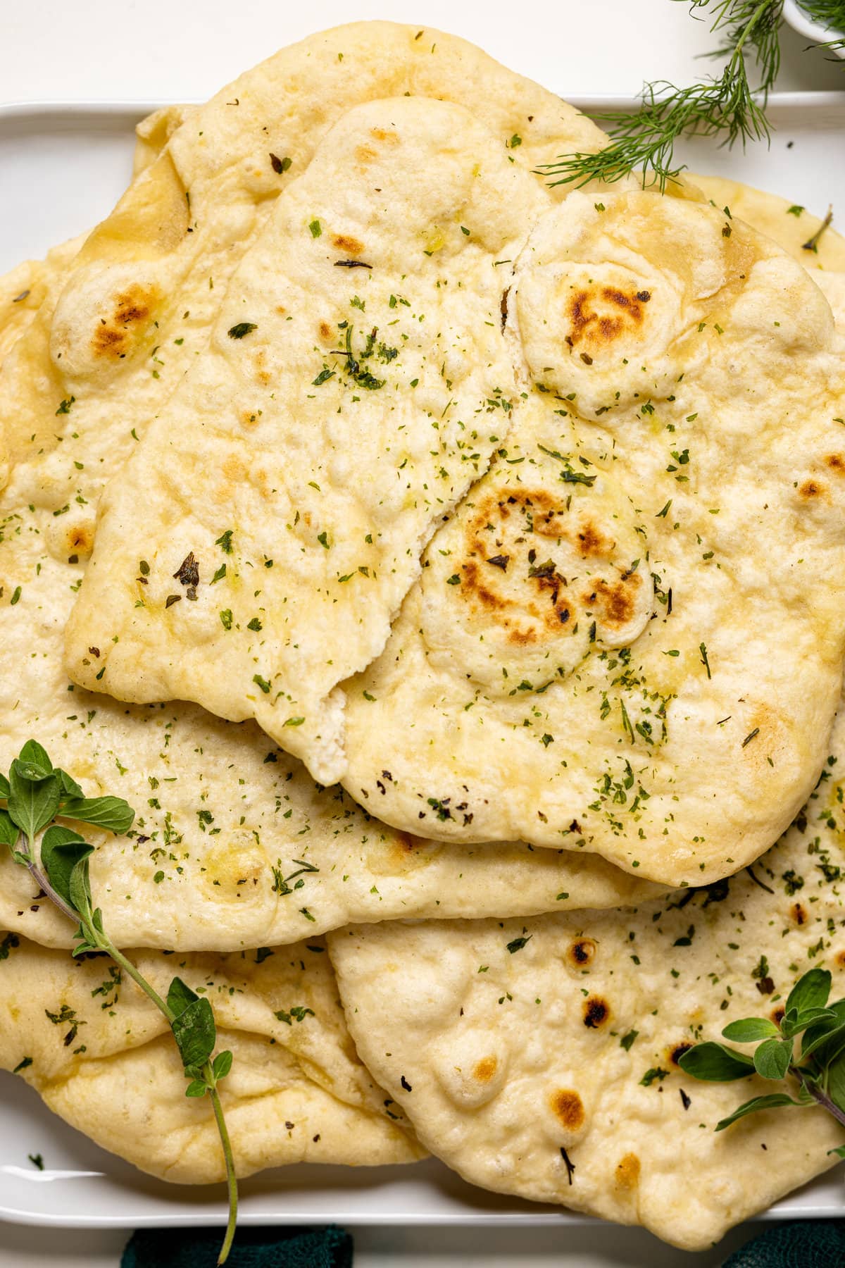 Closeup of Vegan Garlic Naan Bread on a plate