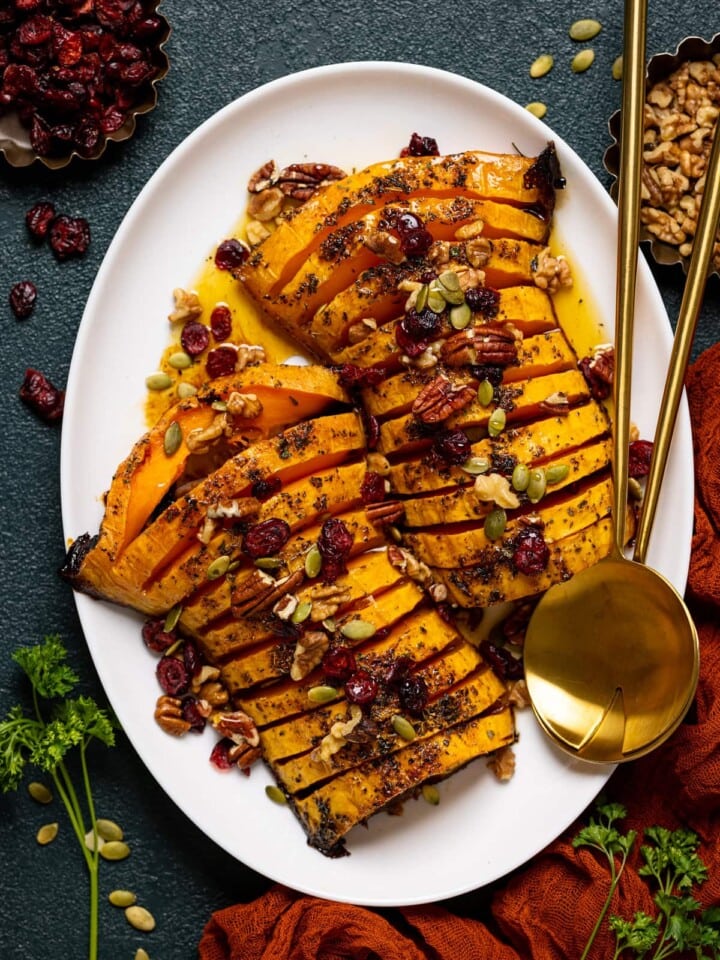 Serving platter with sliced Maple Herb Roasted Butternut Squash