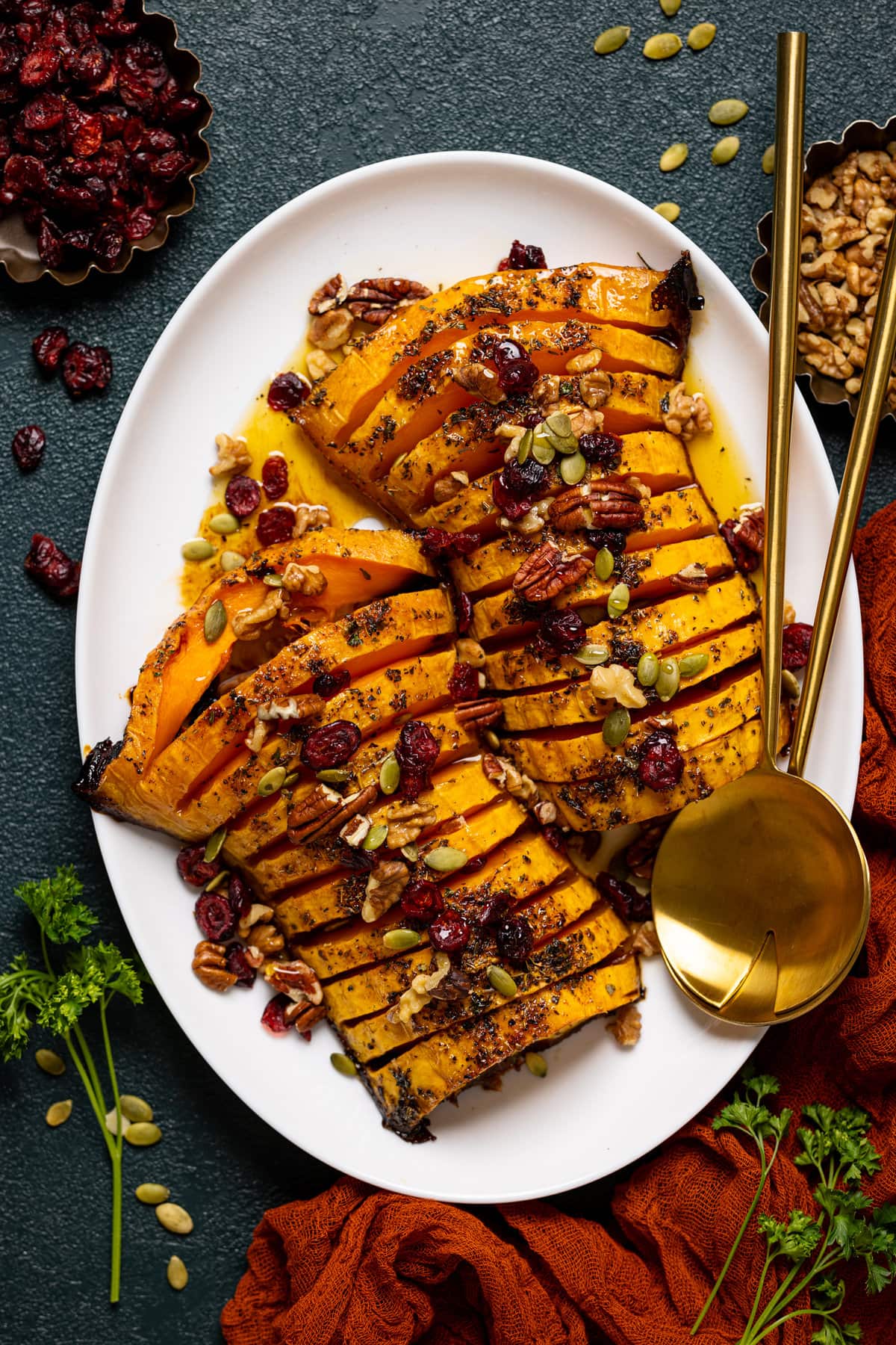 Serving platter with sliced Maple Herb Roasted Butternut Squash