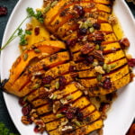 Closeup of sliced Maple Herb Roasted Butternut Squash