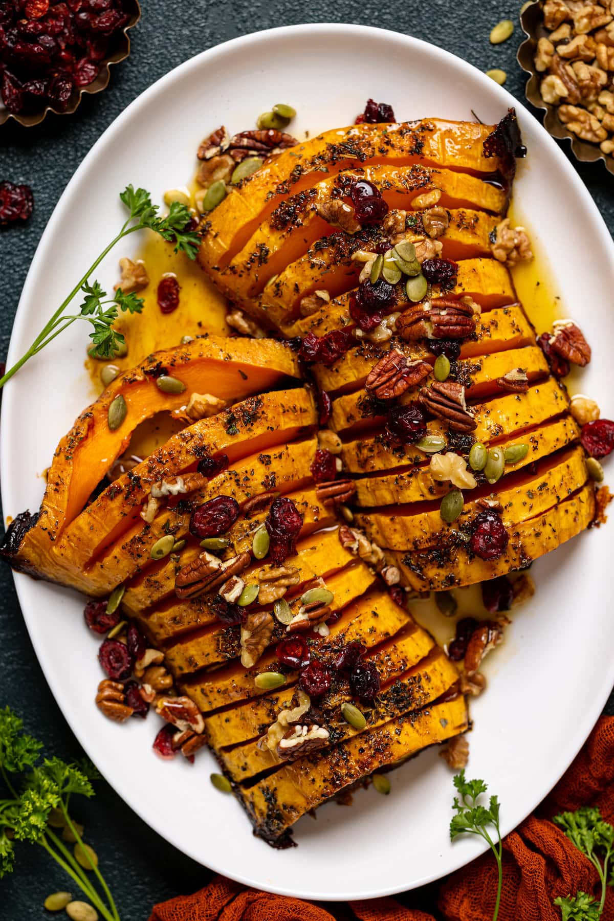 Closeup of sliced Maple Herb Roasted Butternut Squash 