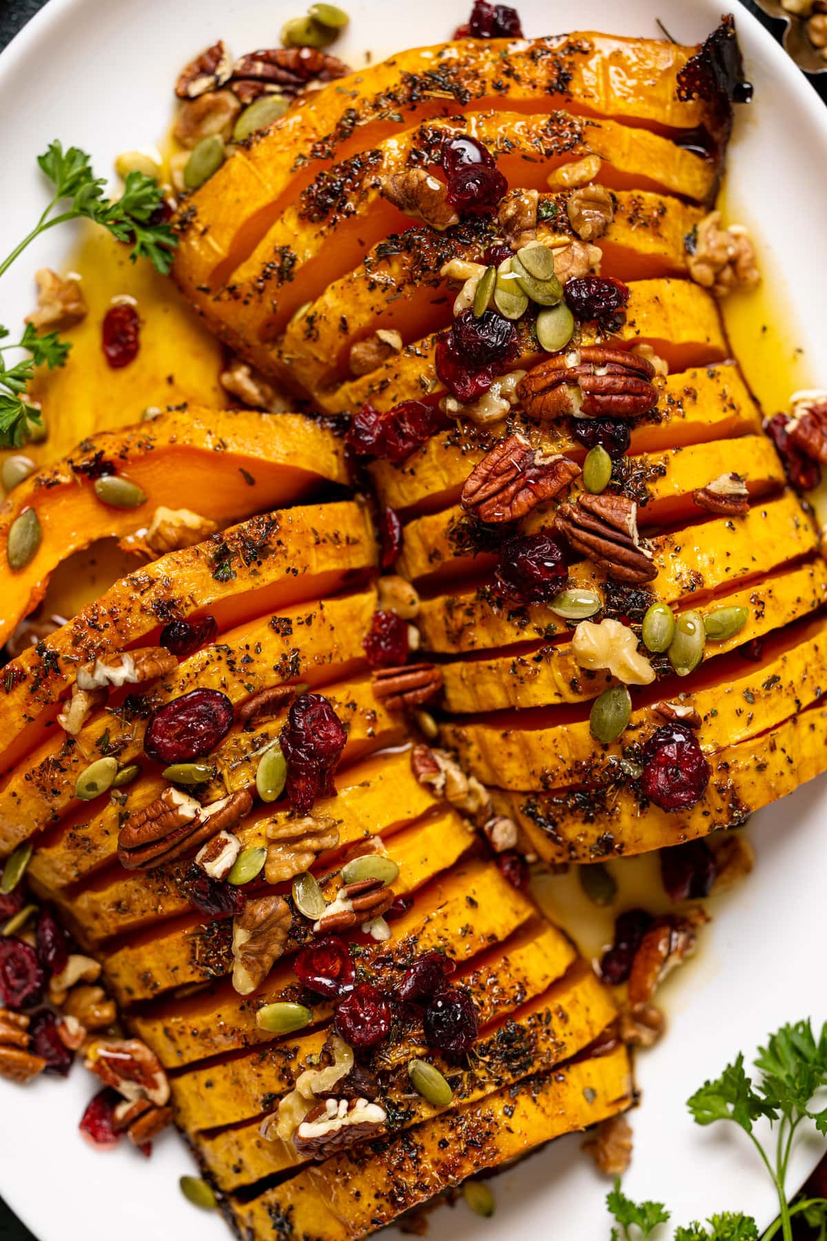 Closeup of sliced Maple Herb Roasted Butternut Squash 