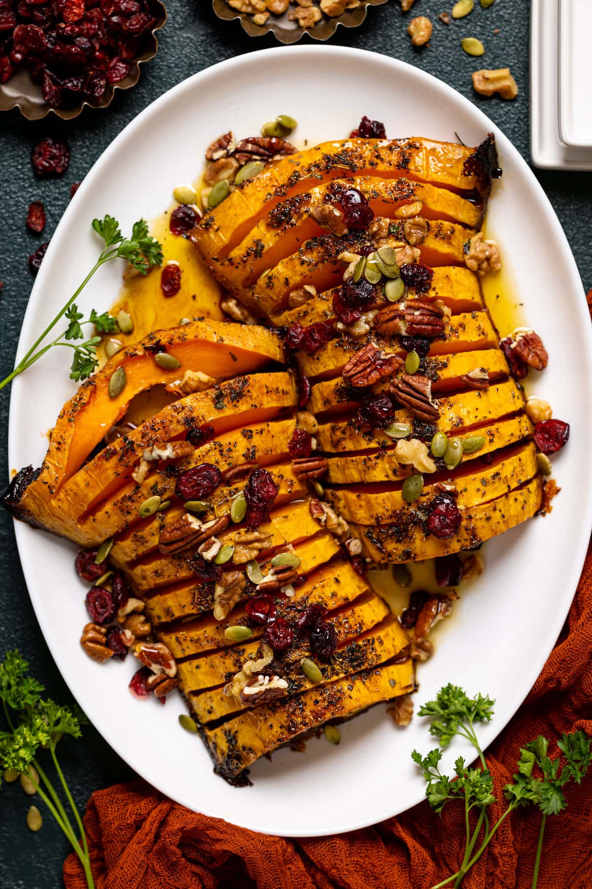 Overhead shot of a plate of Maple Herb Roasted Butternut Squash 